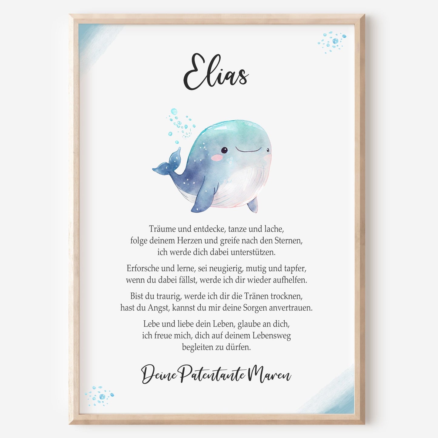Patenbrief Poster Taufgeschenk Patenkind Taufe personalisiert Taufbrief Wal Jungen Blau