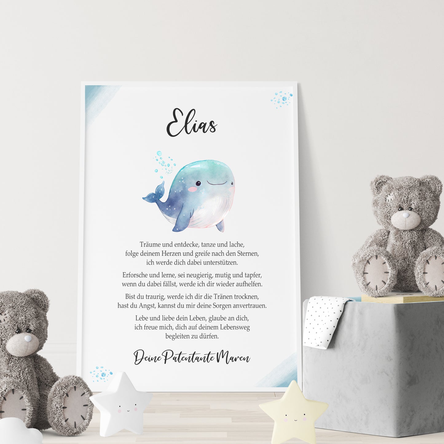 Patenbrief Poster Taufgeschenk Patenkind Taufe personalisiert Taufbrief Wal Jungen Blau