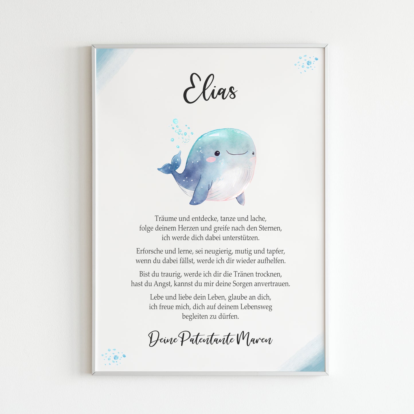Patenbrief Poster Taufgeschenk Patenkind Taufe personalisiert Taufbrief Wal Jungen Blau