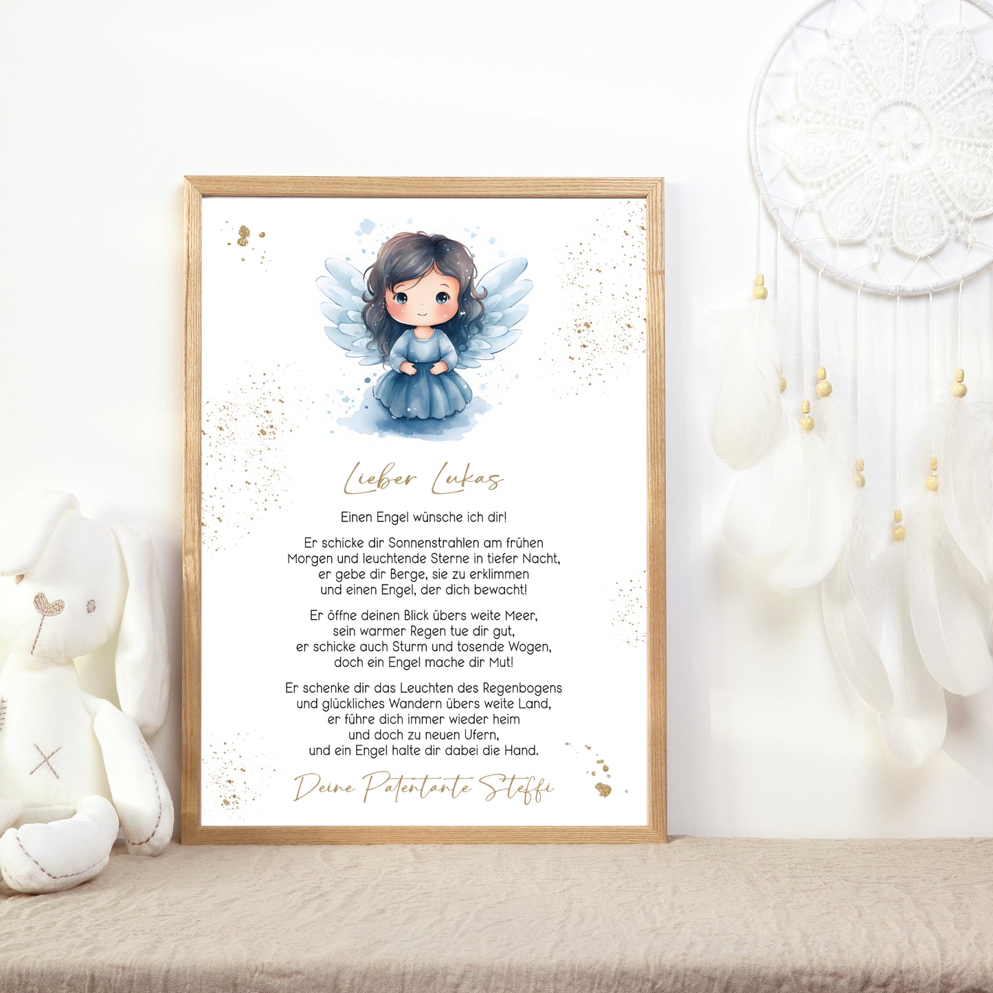 Patenbrief Poster Taufgeschenk Patenkind Taufe personalisiert Taufbrief Engel Mädchen Jungen Gold Blau