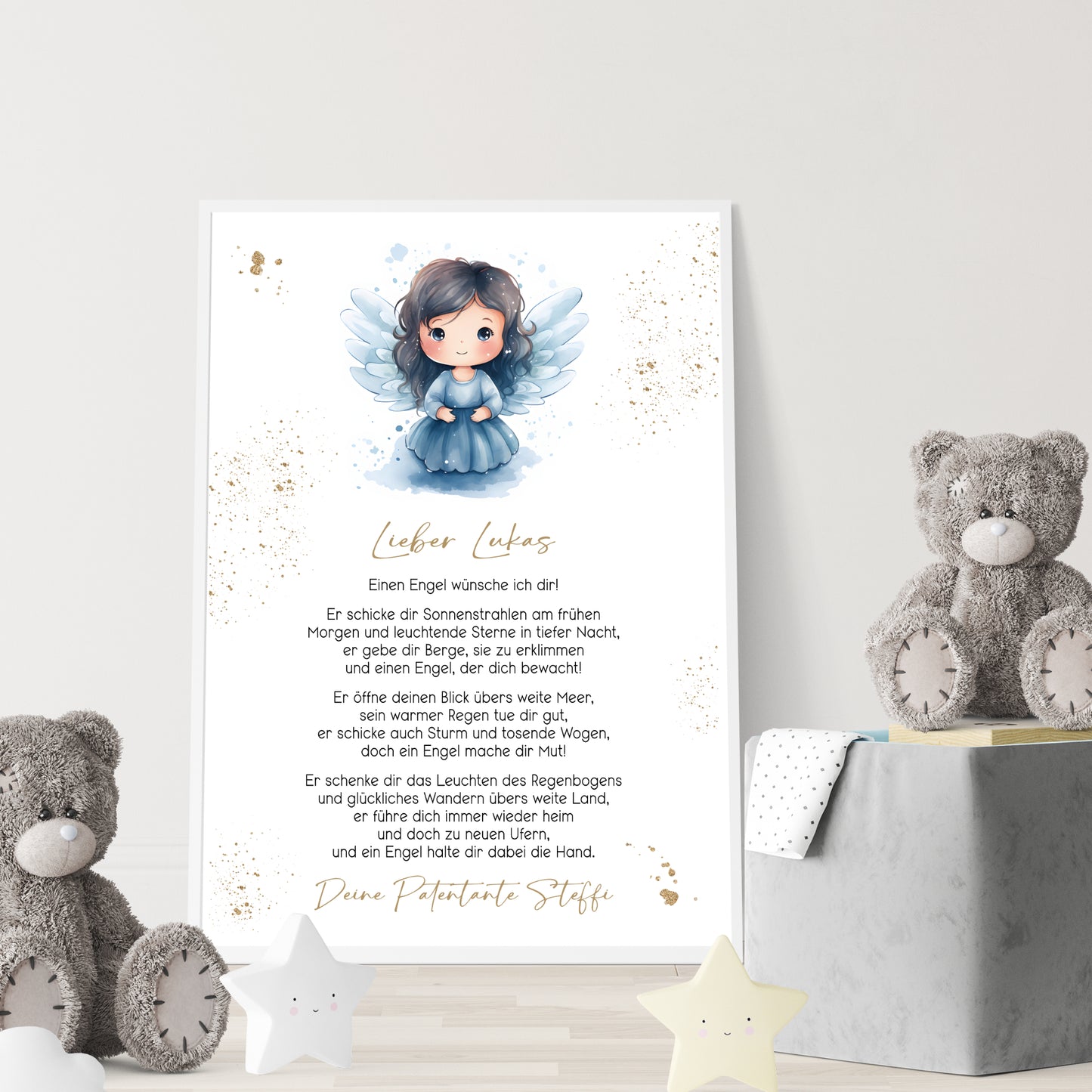 Patenbrief Poster Taufgeschenk Patenkind Taufe personalisiert Taufbrief Engel Mädchen Jungen Gold Blau