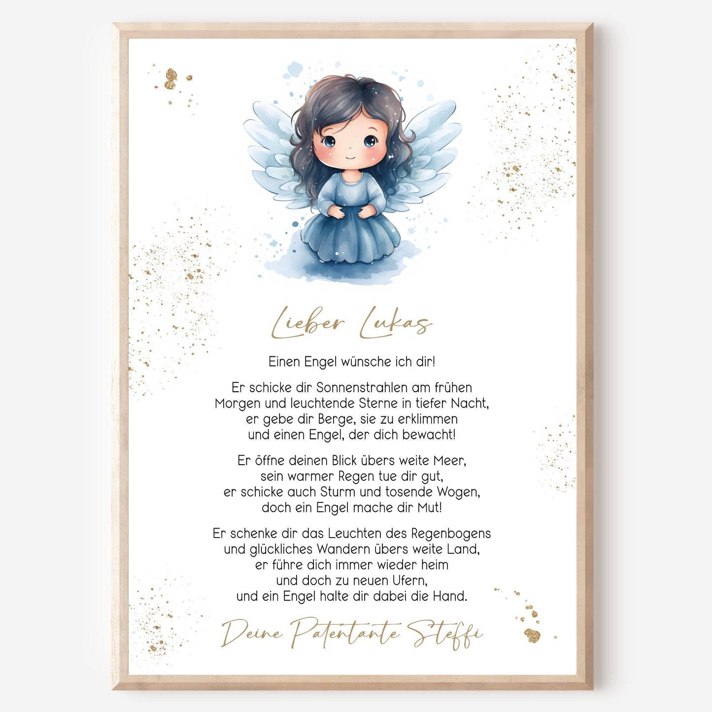 Patenbrief Poster Taufgeschenk Patenkind Taufe personalisiert Taufbrief Engel Mädchen Jungen Gold Blau