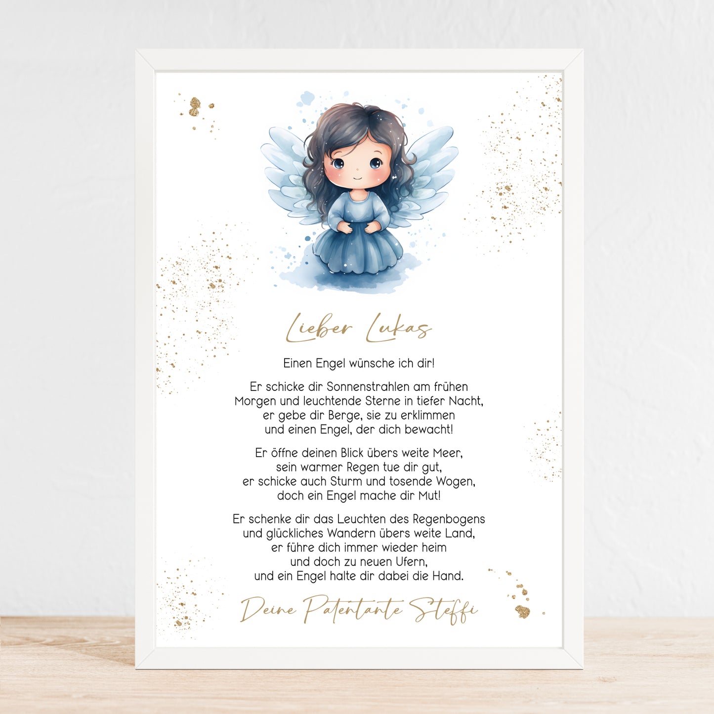 Patenbrief Poster Taufgeschenk Patenkind Taufe personalisiert Taufbrief Engel Mädchen Jungen Gold Blau