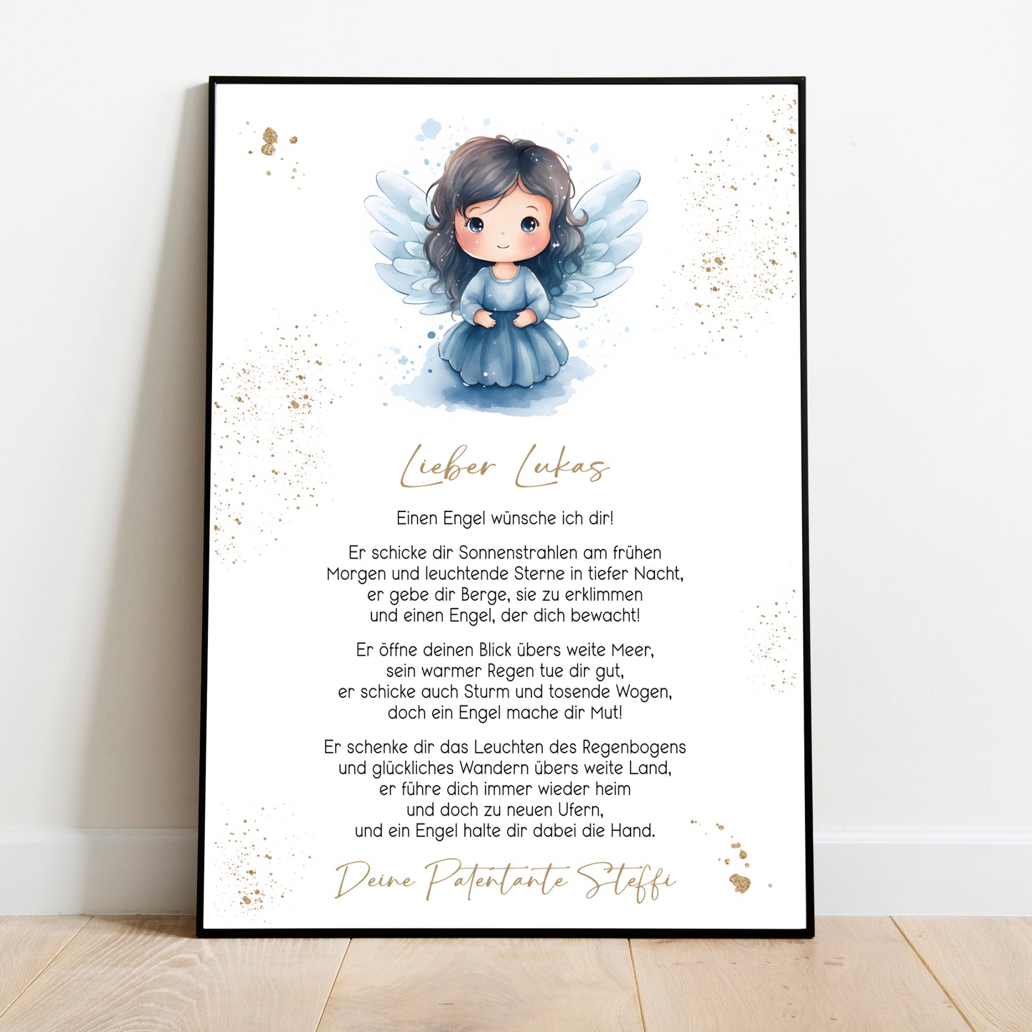 Patenbrief Poster Taufgeschenk Patenkind Taufe personalisiert Taufbrief Engel Mädchen Jungen Gold Blau