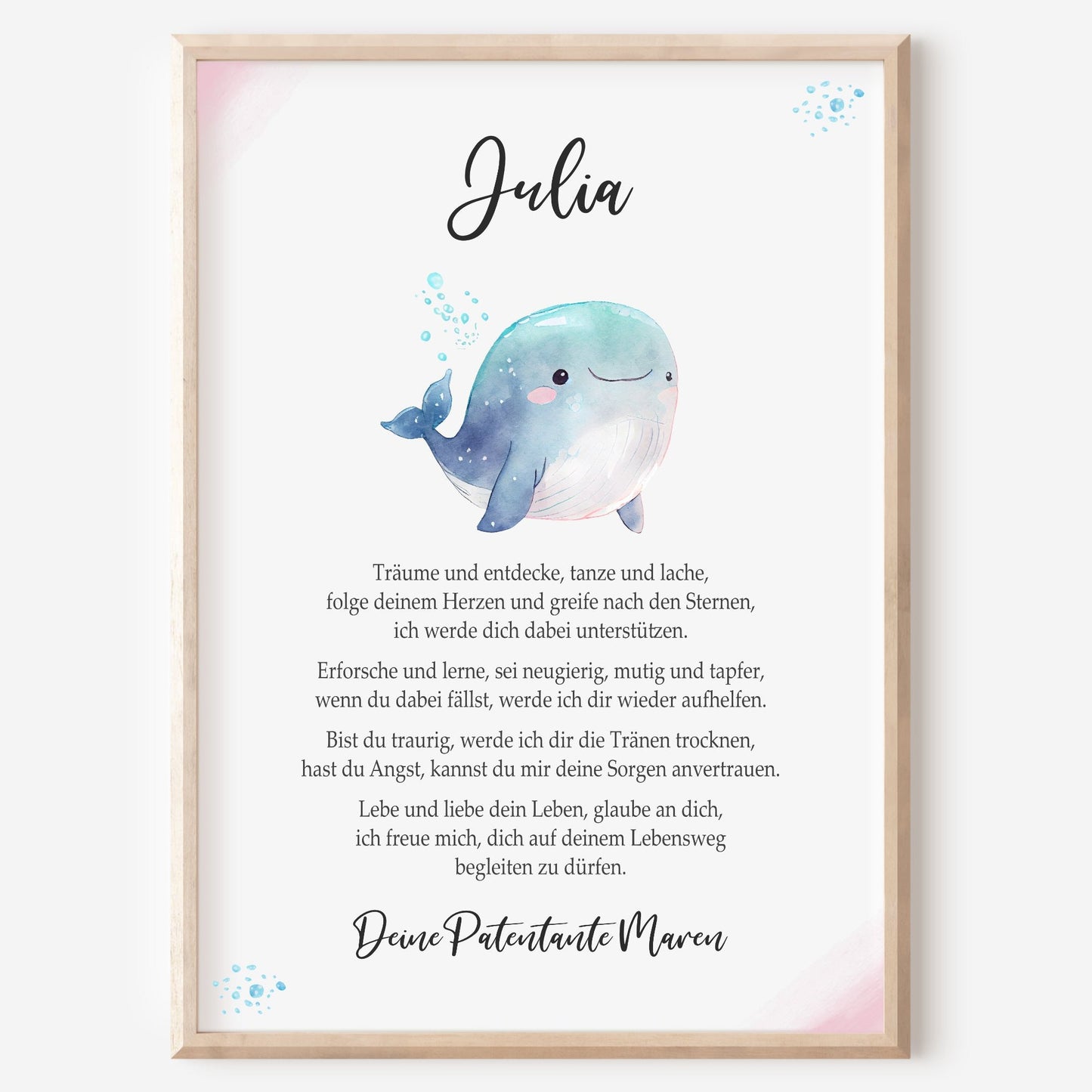 Patenbrief Poster Taufgeschenk Patenkind Taufe personalisiert Taufbrief Wal Mädchen Rosa