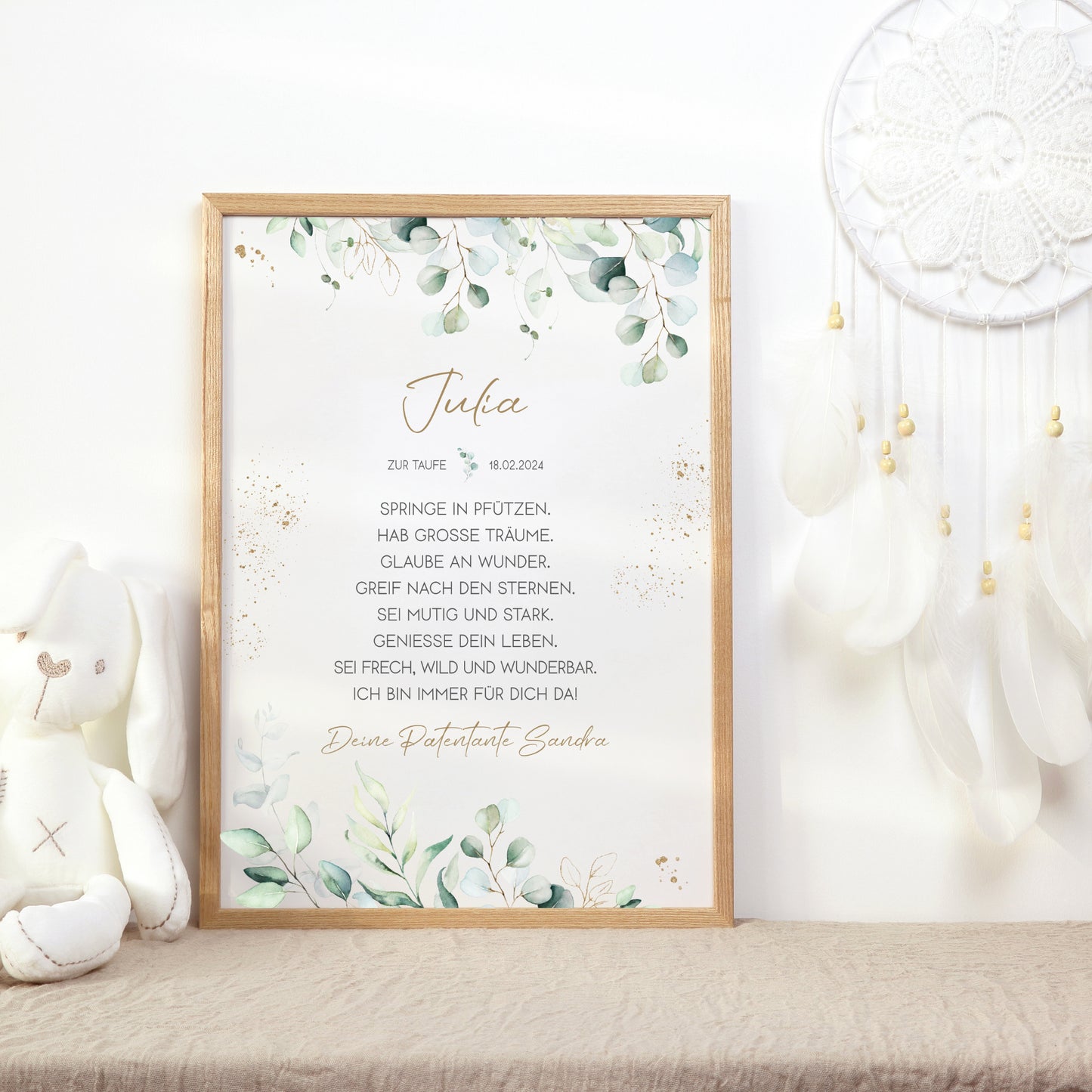 Taufgeschenk Poster Patenkind Geschenk zur Taufe personalisiert Patenbrief Eukalyptus Taufbrief Gold