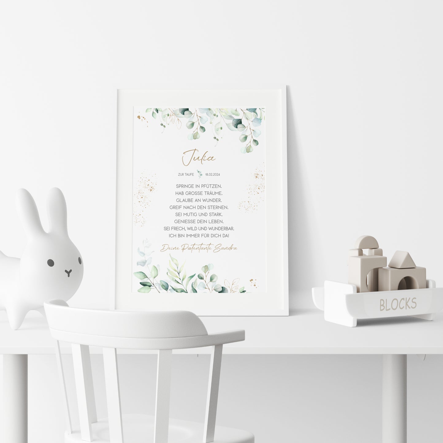 Taufgeschenk Poster Patenkind Geschenk zur Taufe personalisiert Patenbrief Eukalyptus Taufbrief Gold