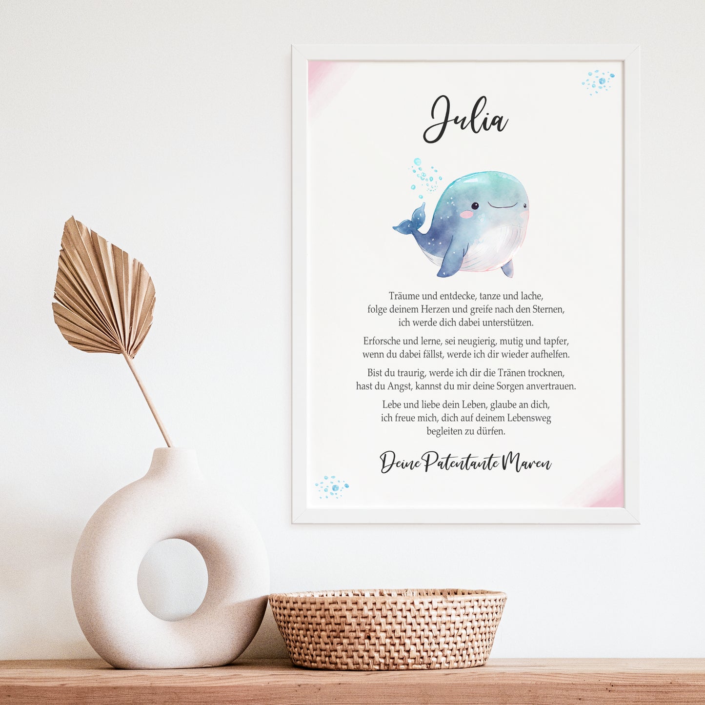 Patenbrief Poster Taufgeschenk Patenkind Taufe personalisiert Taufbrief Wal Mädchen Rosa