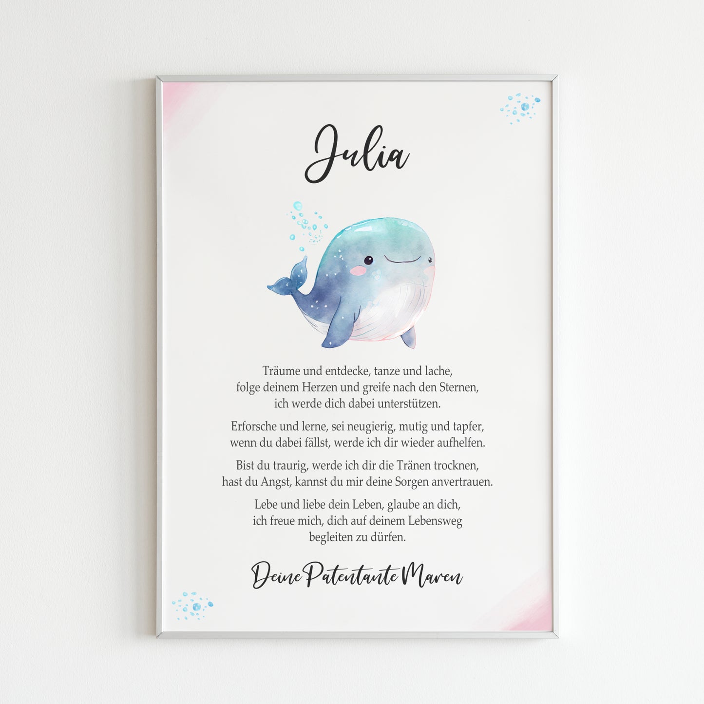 Patenbrief Poster Taufgeschenk Patenkind Taufe personalisiert Taufbrief Wal Mädchen Rosa