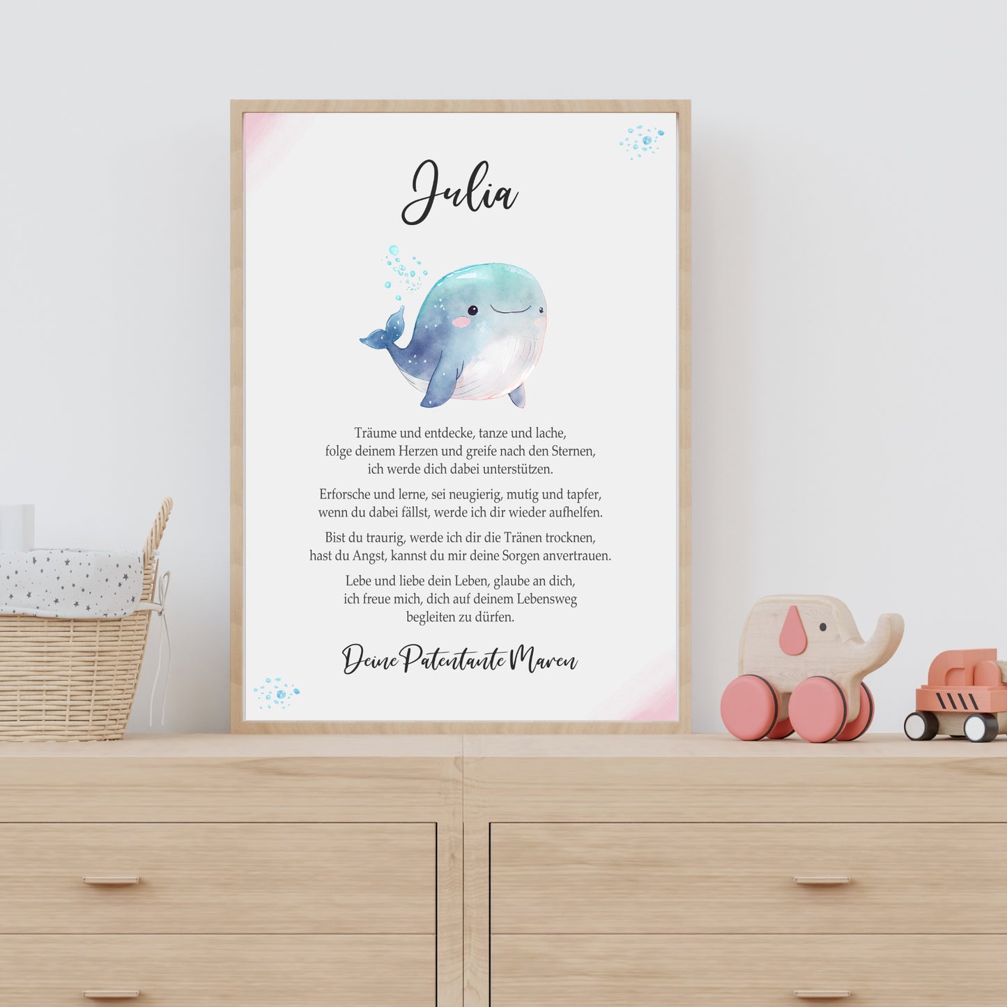Patenbrief Poster Taufgeschenk Patenkind Taufe personalisiert Taufbrief Wal Mädchen Rosa