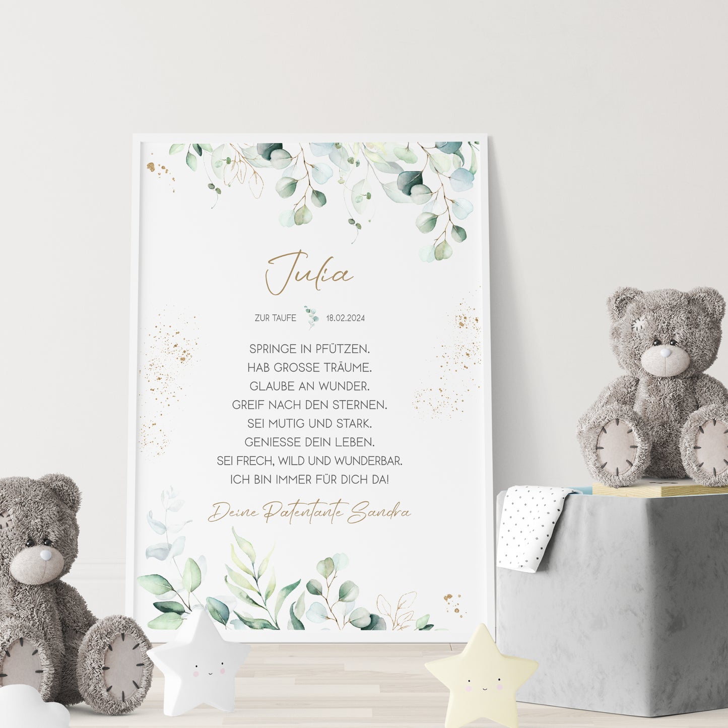 Taufgeschenk Poster Patenkind Geschenk zur Taufe personalisiert Patenbrief Eukalyptus Taufbrief Gold