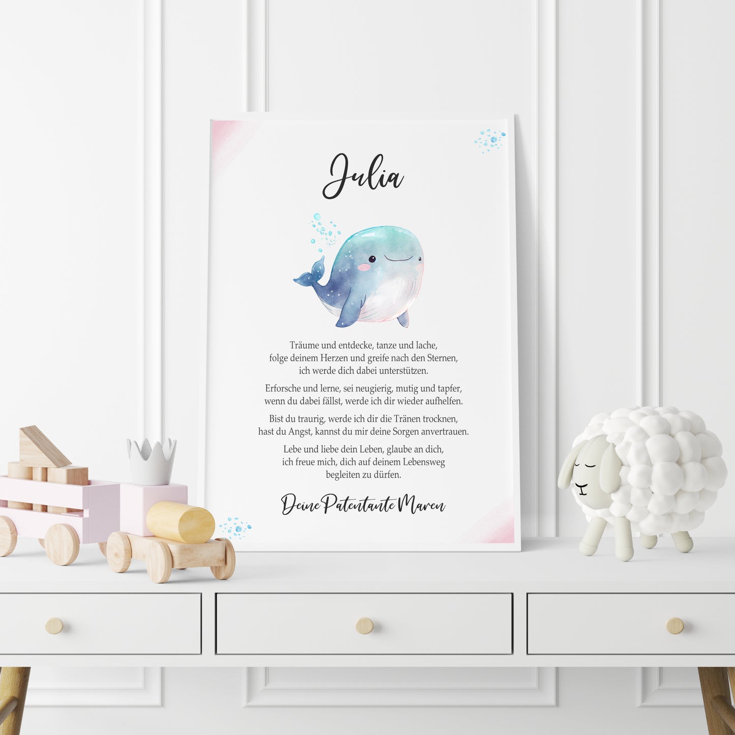 Patenbrief Poster Taufgeschenk Patenkind Taufe personalisiert Taufbrief Wal Mädchen Rosa