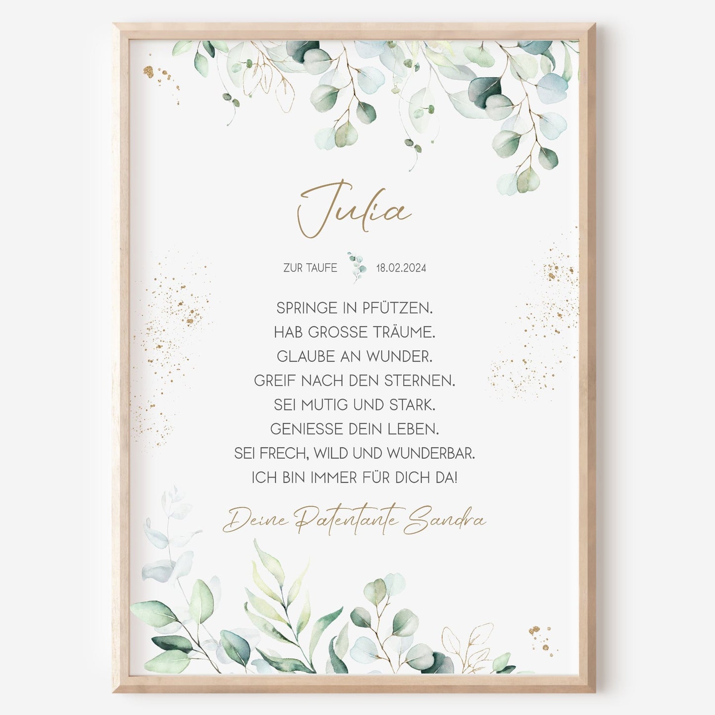 Taufgeschenk Poster Patenkind Geschenk zur Taufe personalisiert Patenbrief Eukalyptus Taufbrief Gold
