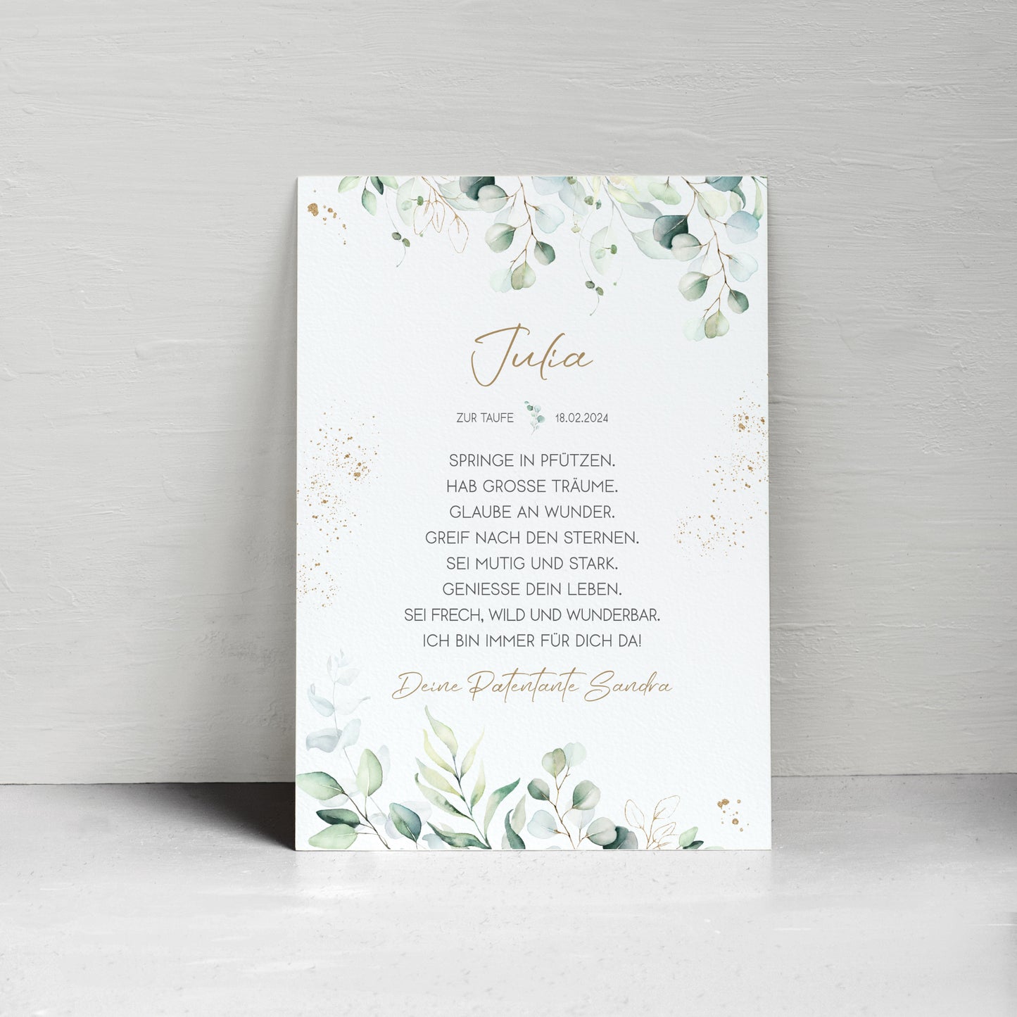 Taufgeschenk Poster Patenkind Geschenk zur Taufe personalisiert Patenbrief Eukalyptus Taufbrief Gold