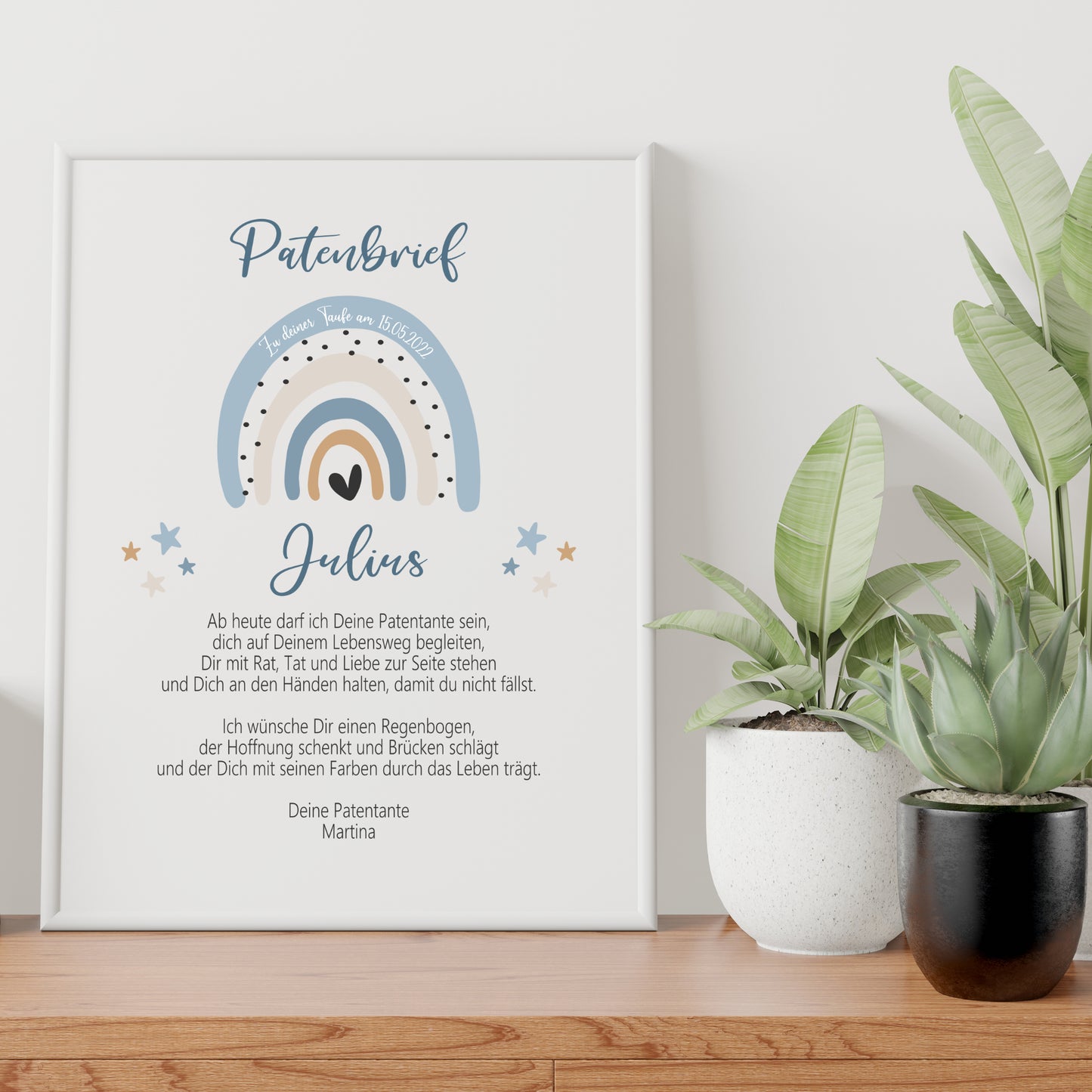 Patenbrief für Patenkind personalisiert Taufe Regenbogen Hellblau