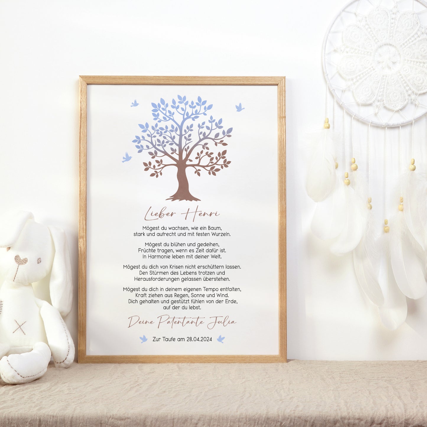Patenbrief Poster Taufgeschenk Patenkind Taufe personalisiert Taufbrief Lebensbaum Junge Blau