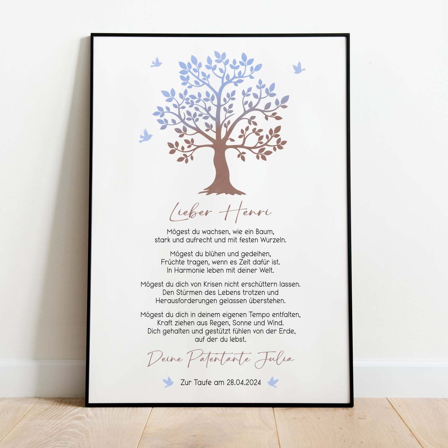 Patenbrief Poster Taufgeschenk Patenkind Taufe personalisiert Taufbrief Lebensbaum Junge Blau