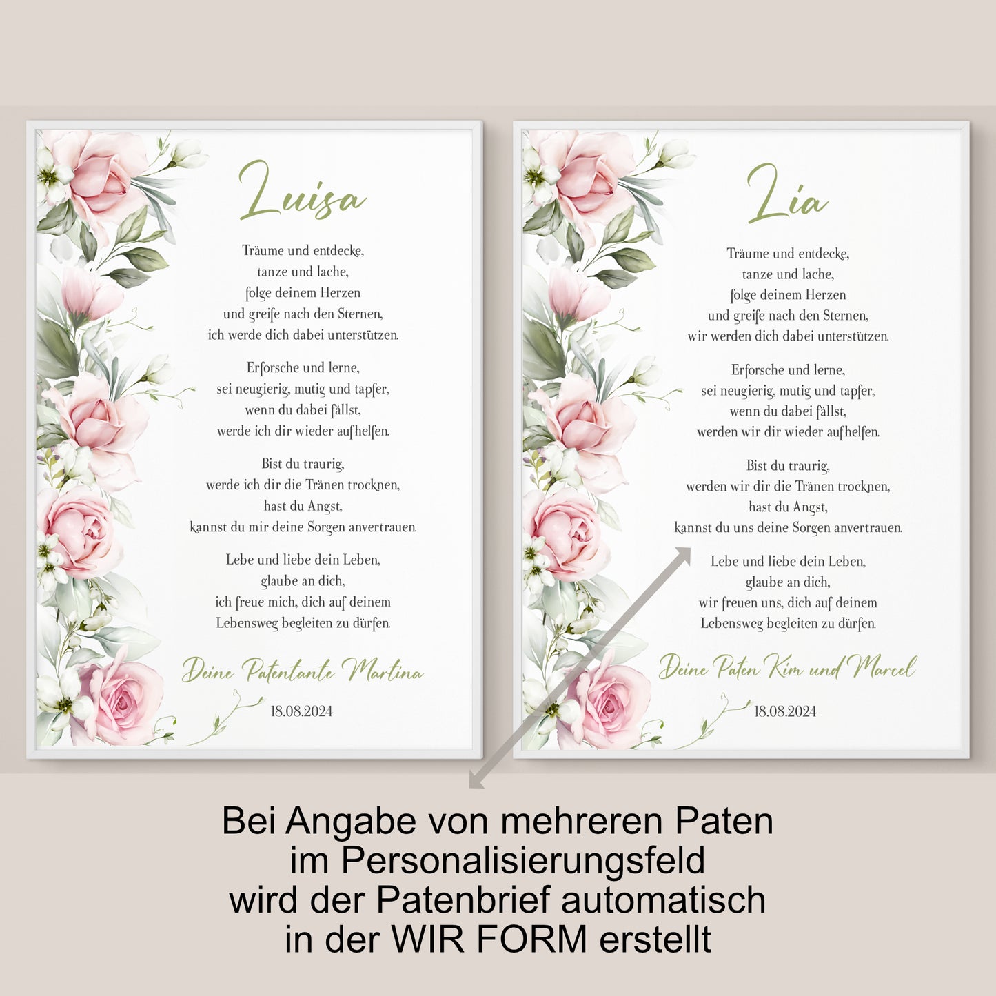 Patenbrief Poster Taufgeschenk Patenkind Taufe personalisiert Taufbrief Rosen Mädchen Rosa
