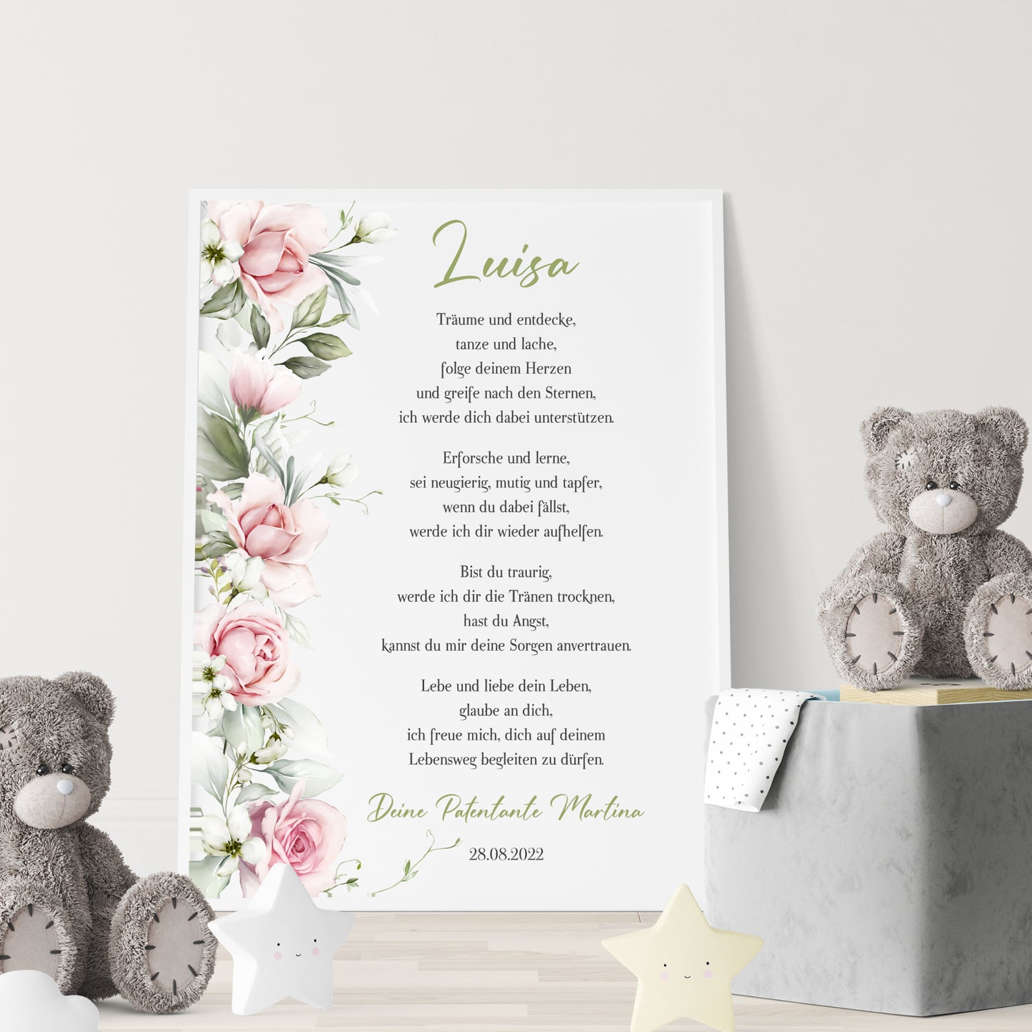 Patenbrief Poster Taufgeschenk Patenkind Taufe personalisiert Taufbrief Rosen Mädchen Rosa