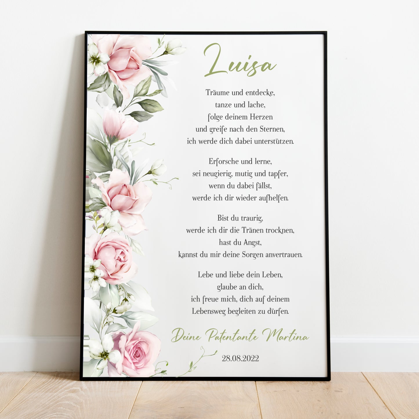 Patenbrief Poster Taufgeschenk Patenkind Taufe personalisiert Taufbrief Rosen Mädchen Rosa