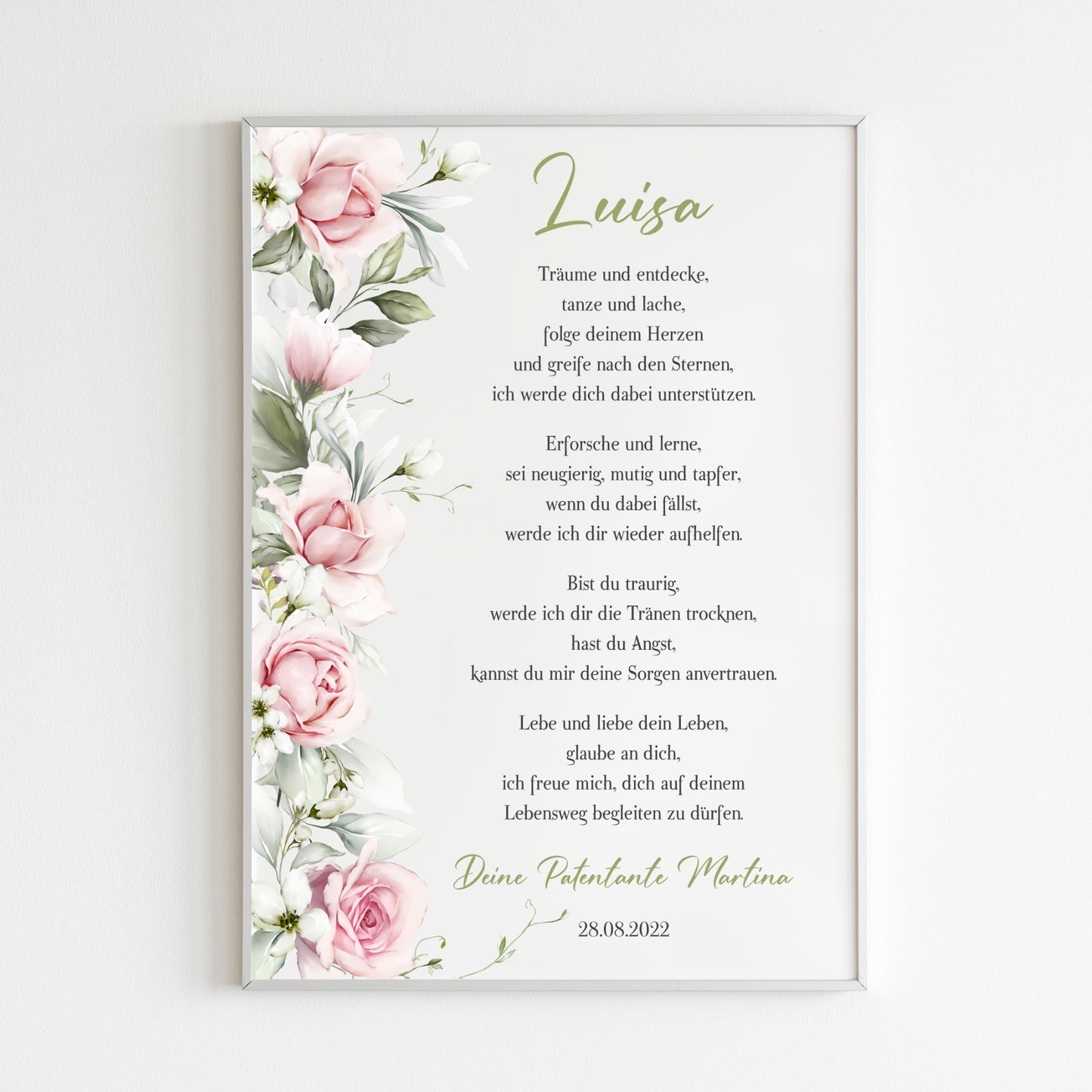 Patenbrief Poster Taufgeschenk Patenkind Taufe personalisiert Taufbrief Rosen Mädchen Rosa