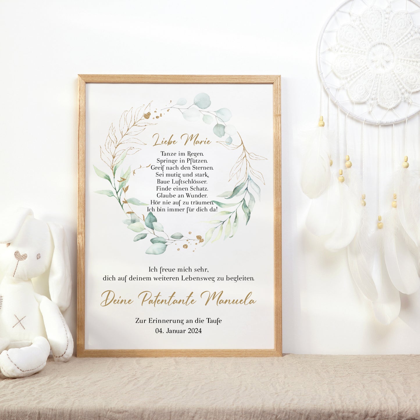 Patenbrief Poster Patenkind Taufgeschenk Taufe personalisiert Taufbrief Eukalyptus Mädchen Jungen Grün Gold