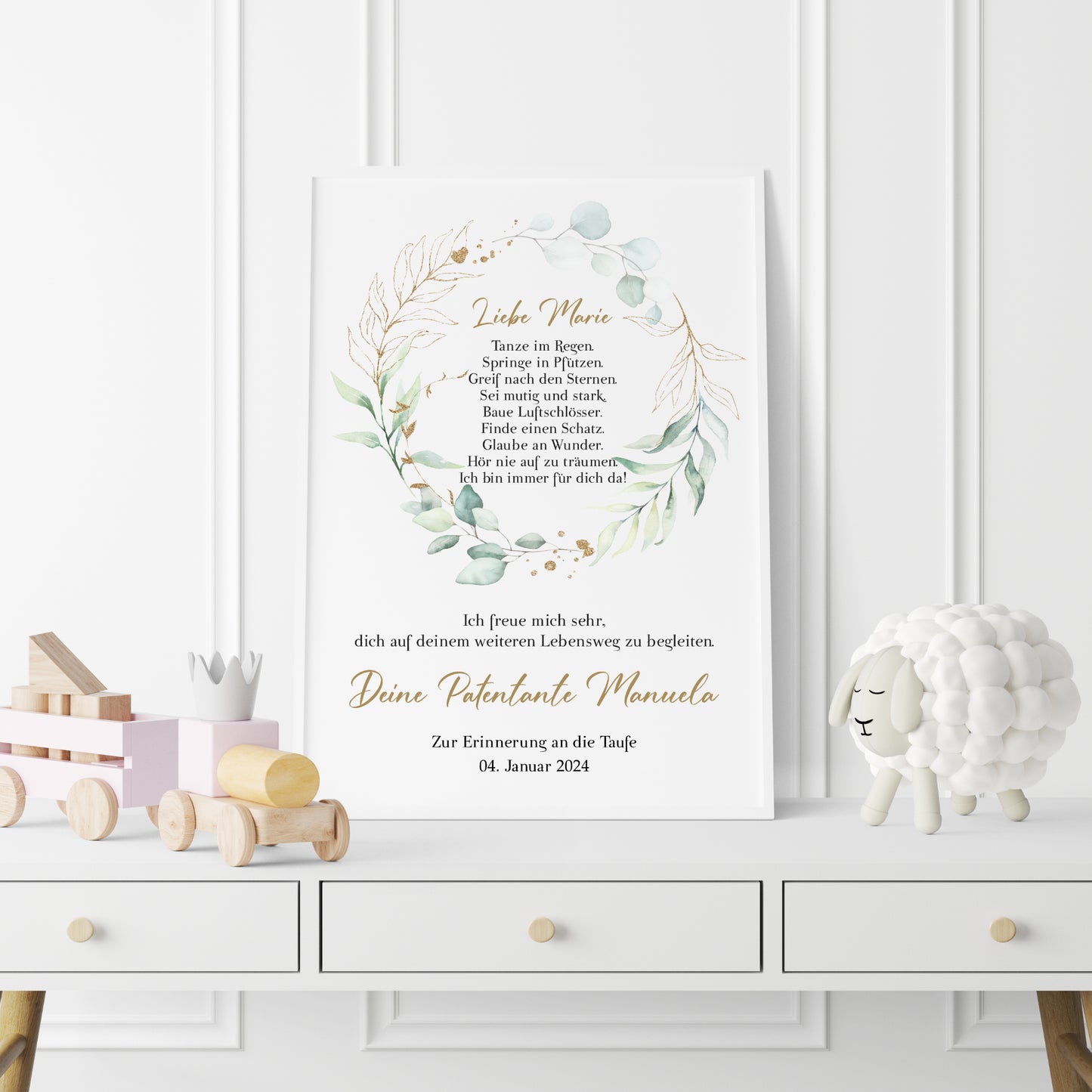 Patenbrief Poster Patenkind Taufgeschenk Taufe personalisiert Taufbrief Eukalyptus Mädchen Jungen Grün Gold