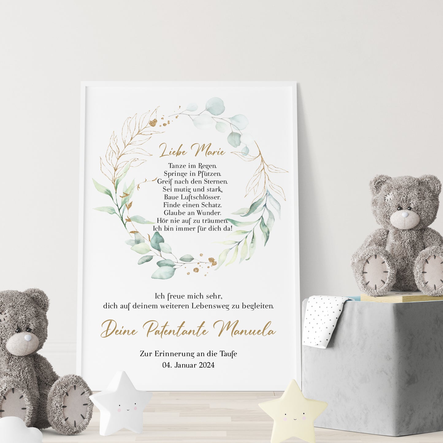 Patenbrief Poster Patenkind Taufgeschenk Taufe personalisiert Taufbrief Eukalyptus Mädchen Jungen Grün Gold