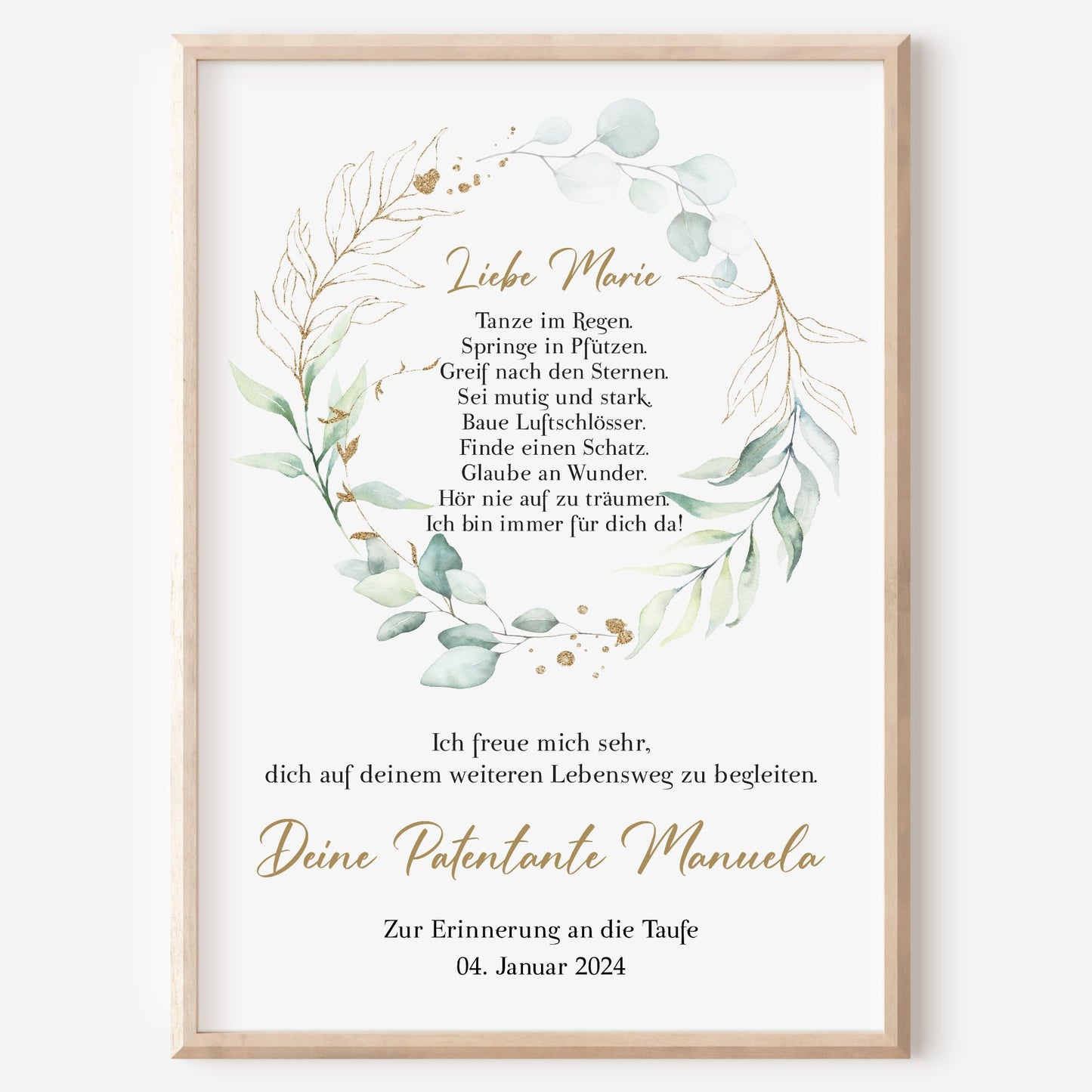 Patenbrief Poster Patenkind Taufgeschenk Taufe personalisiert Taufbrief Eukalyptus Mädchen Jungen Grün Gold