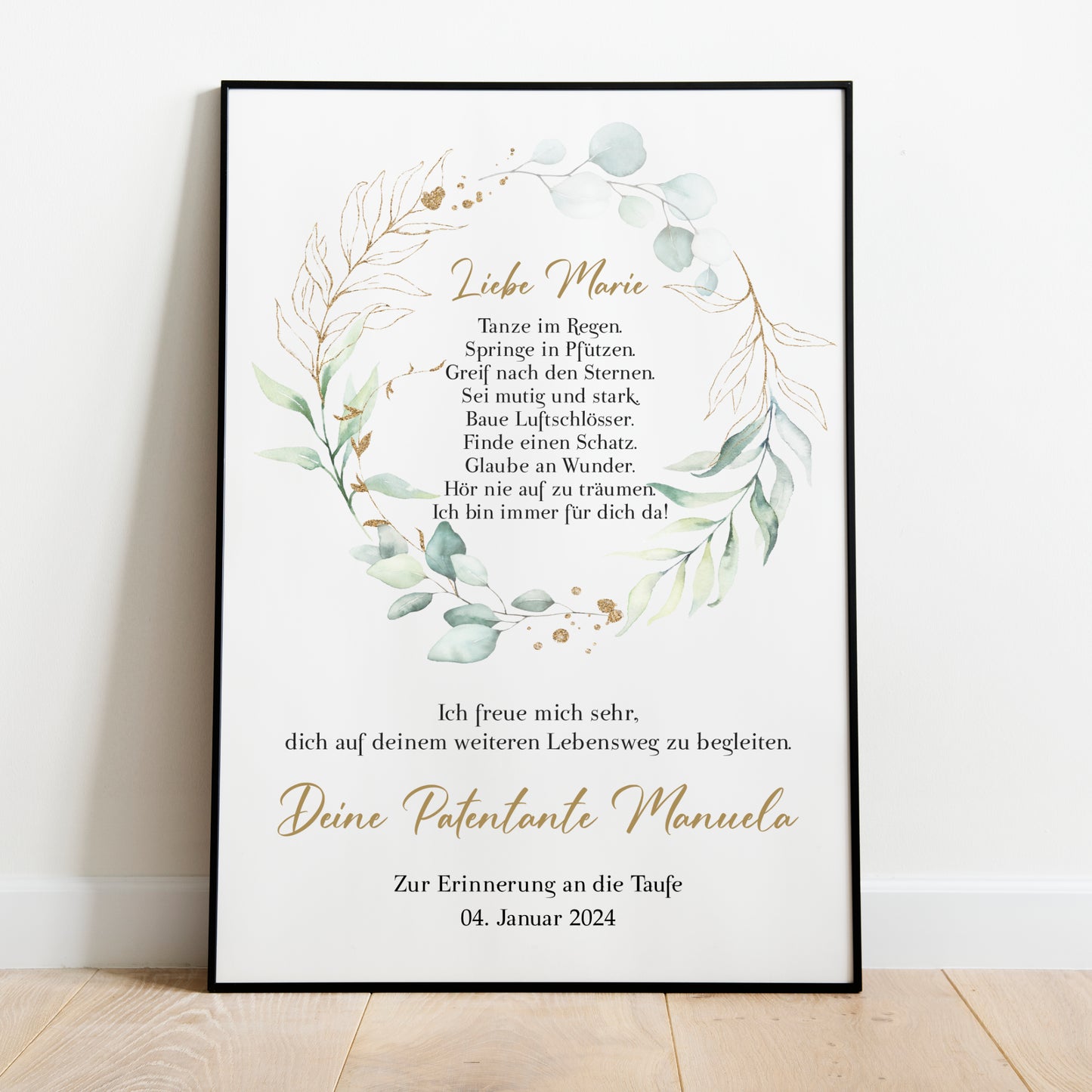 Patenbrief Poster Patenkind Taufgeschenk Taufe personalisiert Taufbrief Eukalyptus Mädchen Jungen Grün Gold