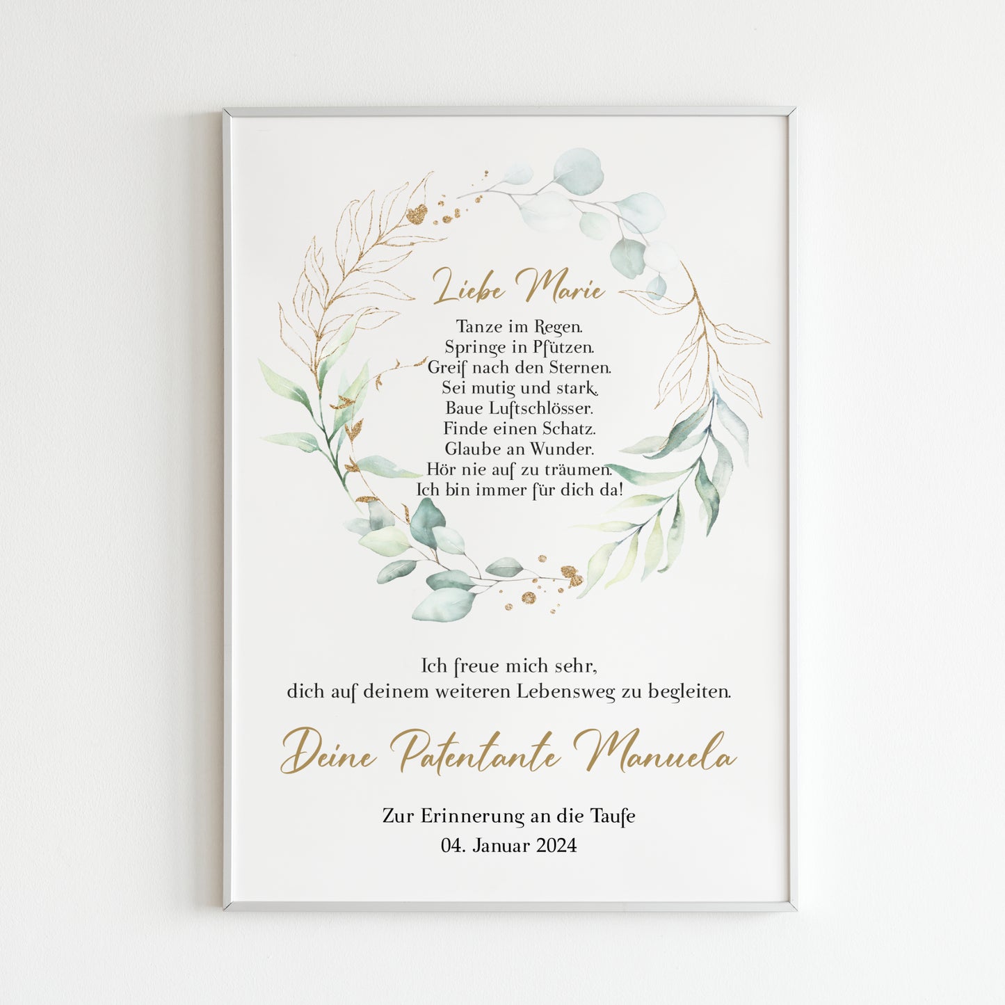Patenbrief Poster Patenkind Taufgeschenk Taufe personalisiert Taufbrief Eukalyptus Mädchen Jungen Grün Gold