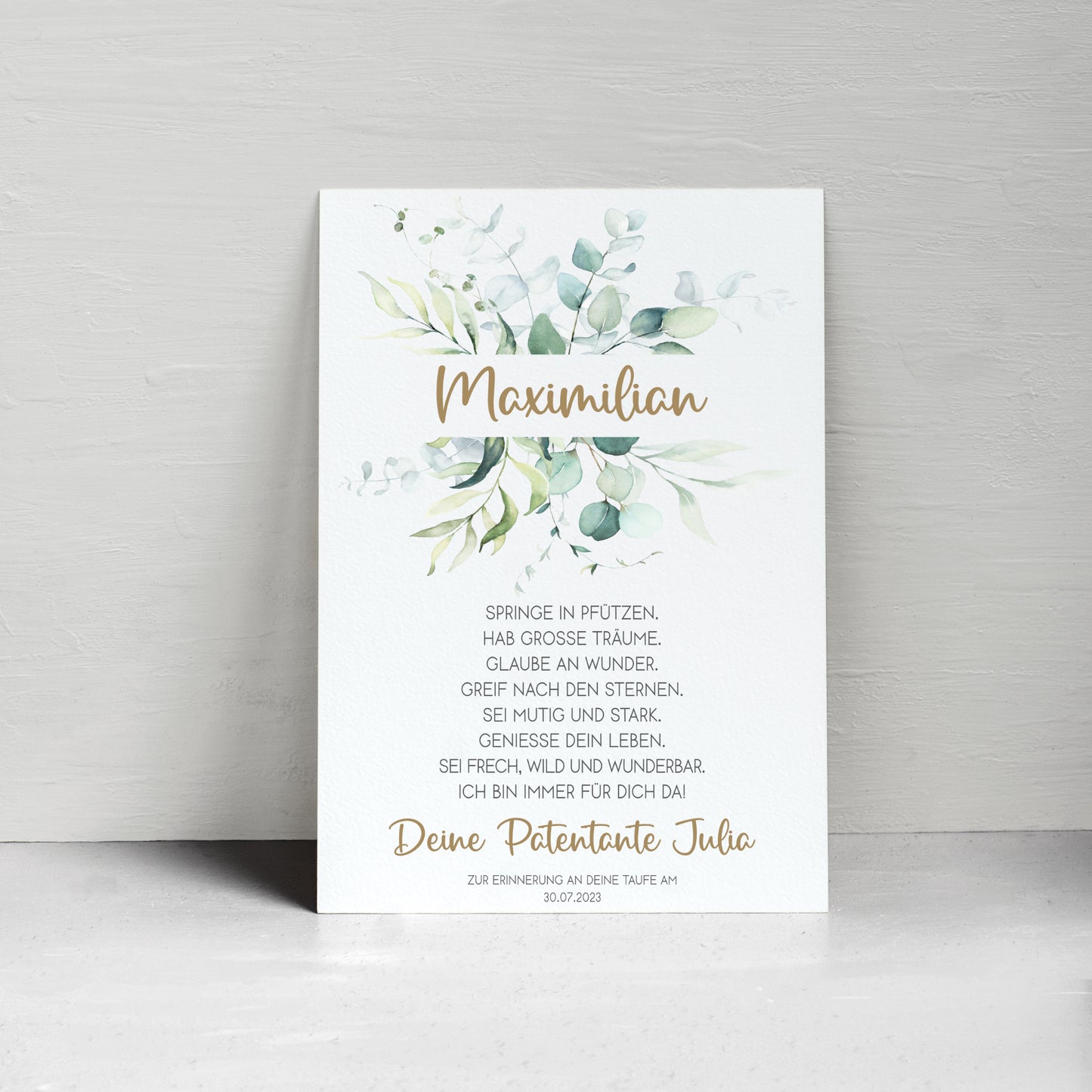 Patenbrief Poster Patenkind Taufgeschenk Taufe personalisiert Taufbrief Eukalyptus Mädchen Jungen Grün