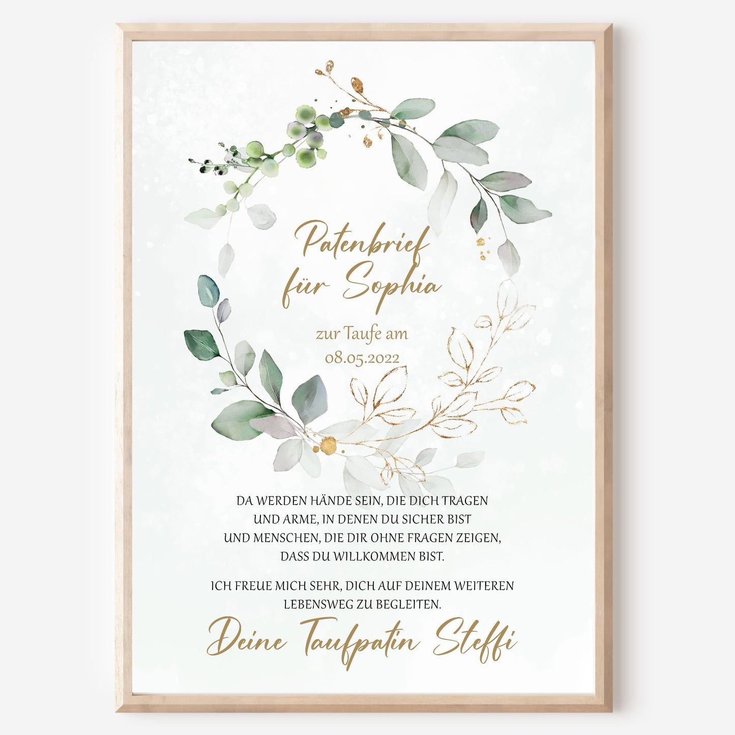 Patenbrief Poster Patenkind Taufgeschenk Taufe personalisiert Taufbrief Eukalyptus Mädchen Jungen Grün