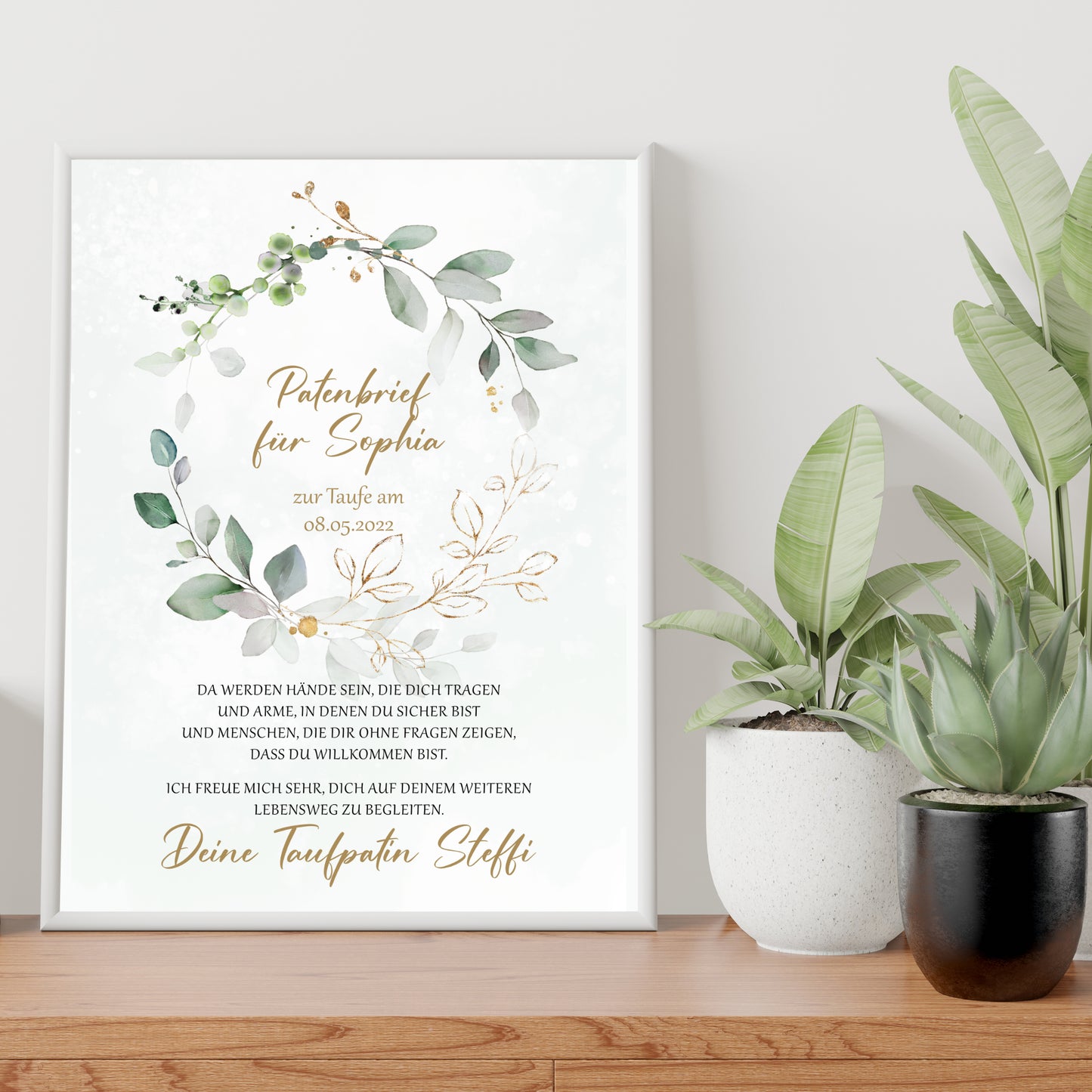 Patenbrief Poster Patenkind Taufgeschenk Taufe personalisiert Taufbrief Eukalyptus Mädchen Jungen Grün