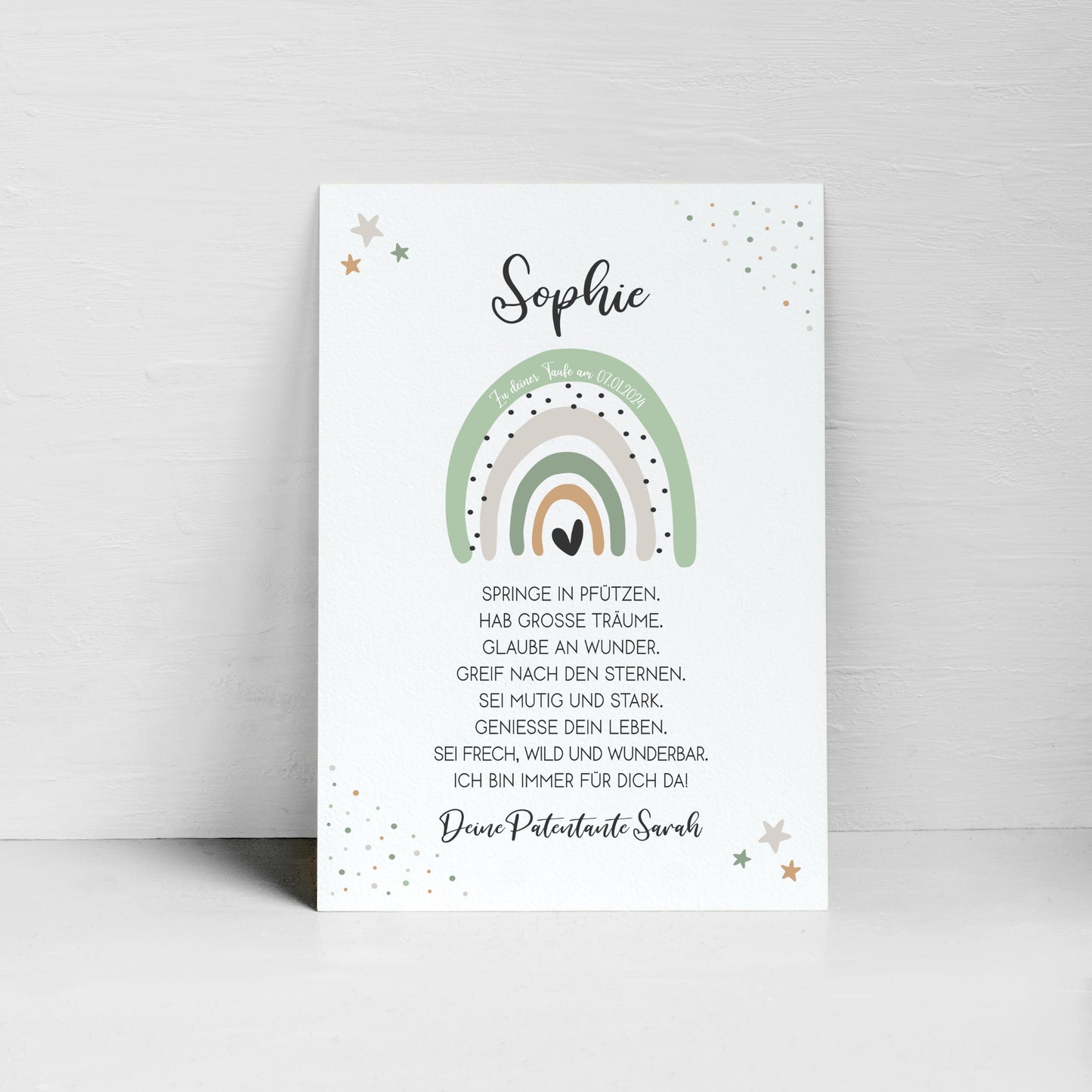 Patenbrief Poster Taufgeschenk Patenkind Taufe personalisiert Taufbrief Regenbogen Mädchen Jungen Grün