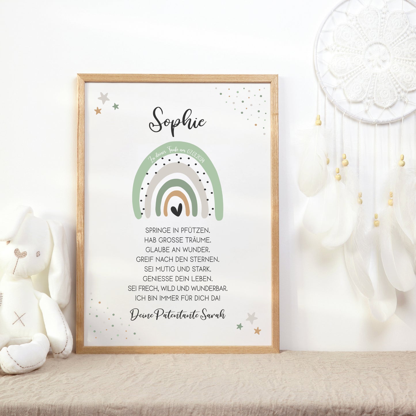 Patenbrief Poster Taufgeschenk Patenkind Taufe personalisiert Taufbrief Regenbogen Mädchen Jungen Grün