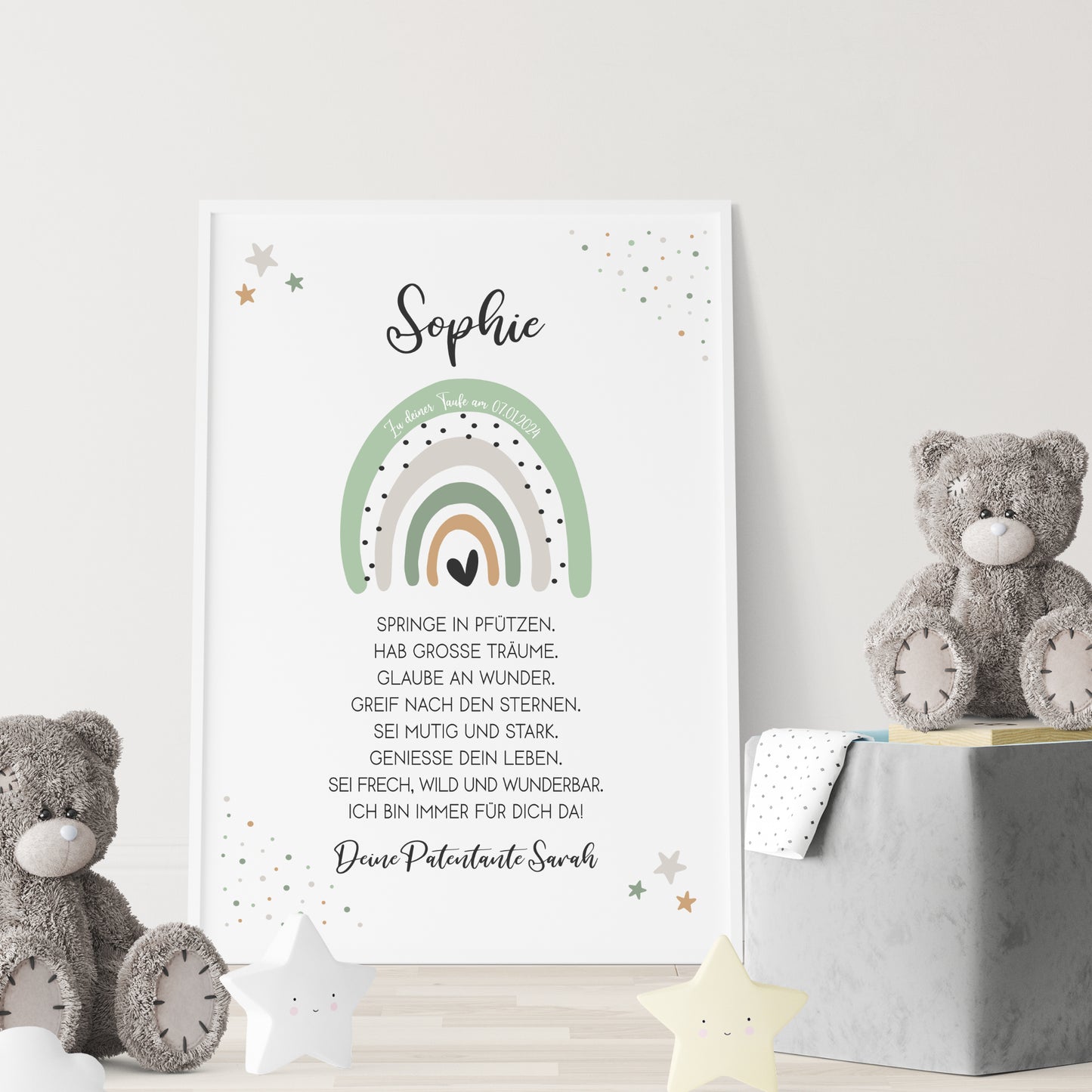Patenbrief Poster Taufgeschenk Patenkind Taufe personalisiert Taufbrief Regenbogen Mädchen Jungen Grün