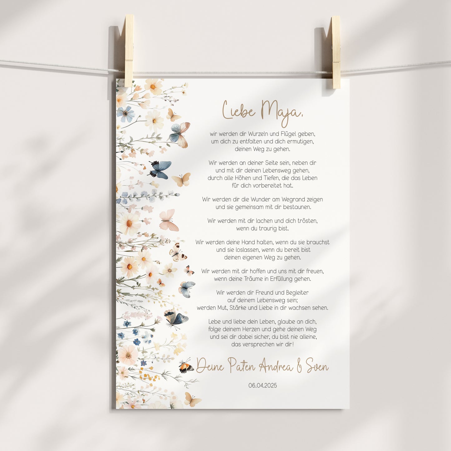 Patenbrief Taufe Patenkind Geschenk Boho Wildblumen Taufgeschenk Poster oder PDF personalisiert Taufbrief