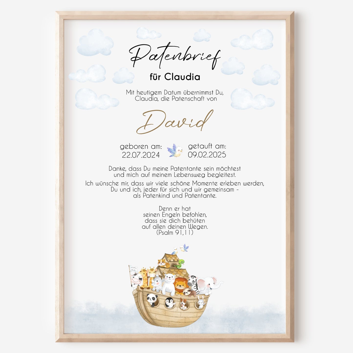 Patenbrief für Patentante Patenonkel Arche Noah Geschenk zur Taufe Poster personalisiert Taufgeschenk Taufbrief Patenurkunde