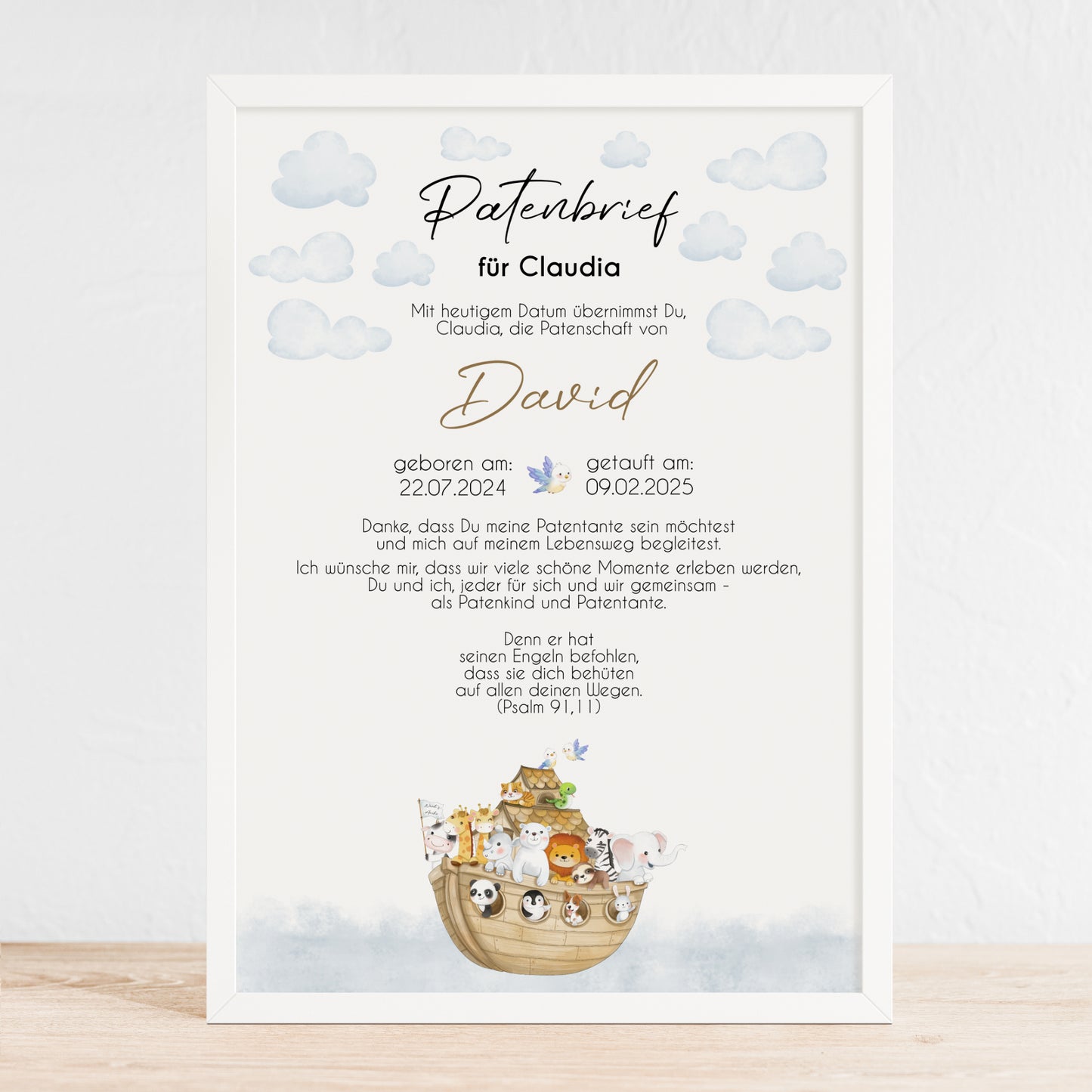 Patenbrief für Patentante Patenonkel Arche Noah Geschenk zur Taufe Poster personalisiert Taufgeschenk Taufbrief Patenurkunde