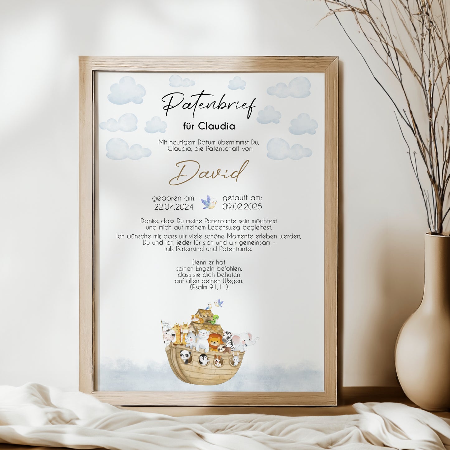 Patenbrief für Patentante Patenonkel Arche Noah Geschenk zur Taufe Poster personalisiert Taufgeschenk Taufbrief Patenurkunde