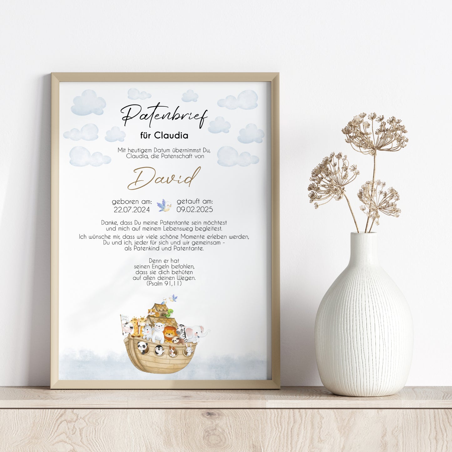 Patenbrief für Patentante Patenonkel Arche Noah Geschenk zur Taufe Poster personalisiert Taufgeschenk Taufbrief Patenurkunde