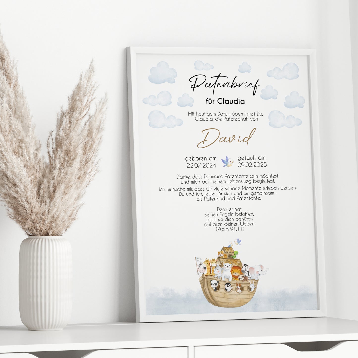 Patenbrief für Patentante Patenonkel Arche Noah Geschenk zur Taufe Poster personalisiert Taufgeschenk Taufbrief Patenurkunde