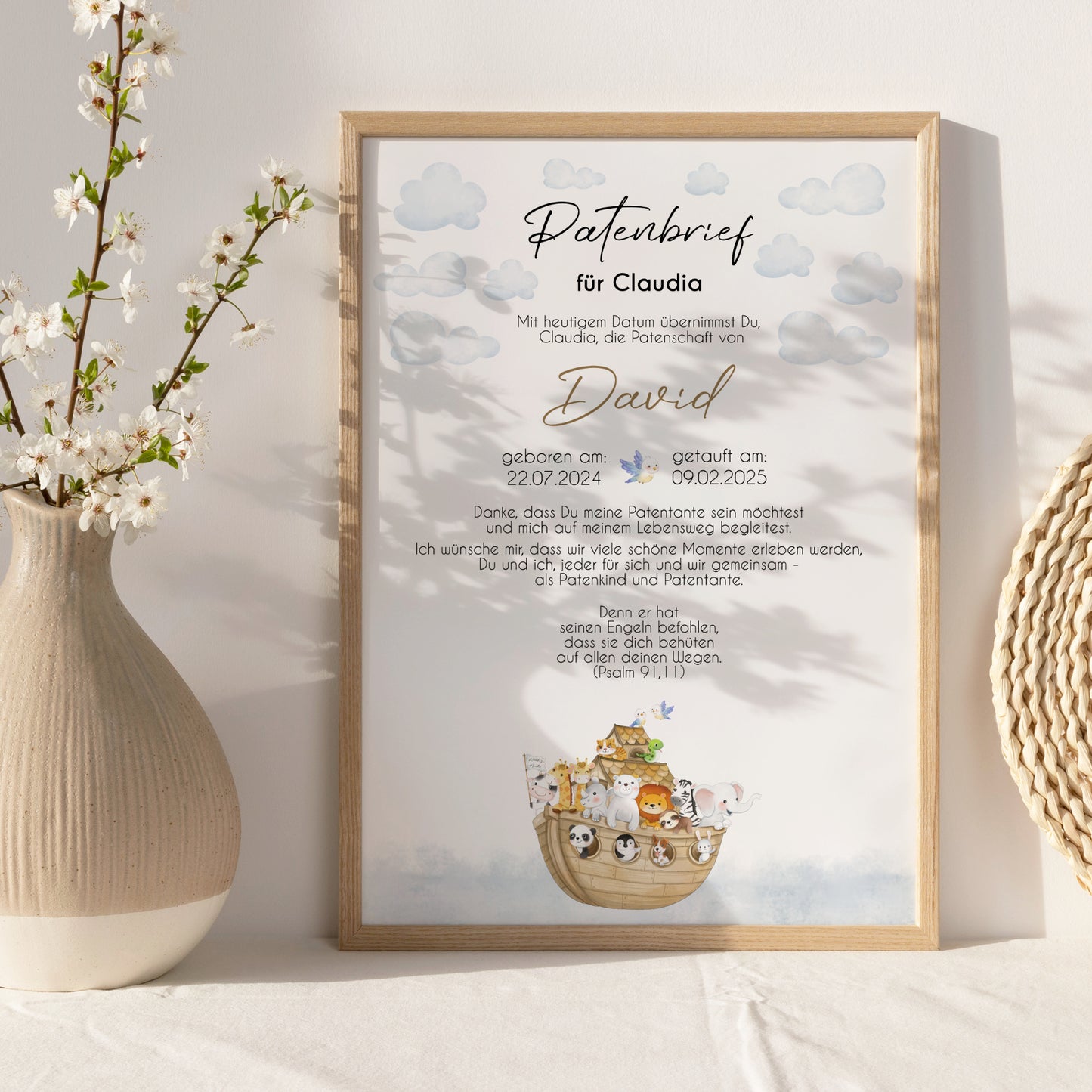 Patenbrief für Patentante Patenonkel Arche Noah Geschenk zur Taufe Poster personalisiert Taufgeschenk Taufbrief Patenurkunde