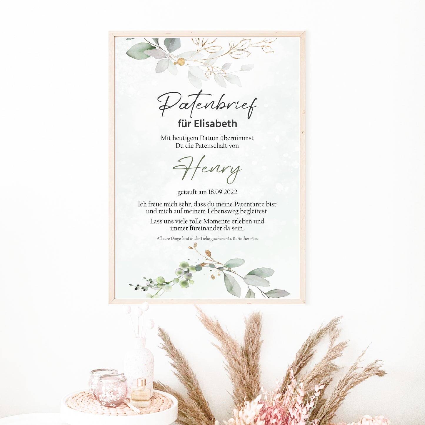 Patenbrief für Patentante Patenonkel Poster Geschenk zur Taufe personalisiert Eukalyptus Taufgeschenk Taufbrief Gold
