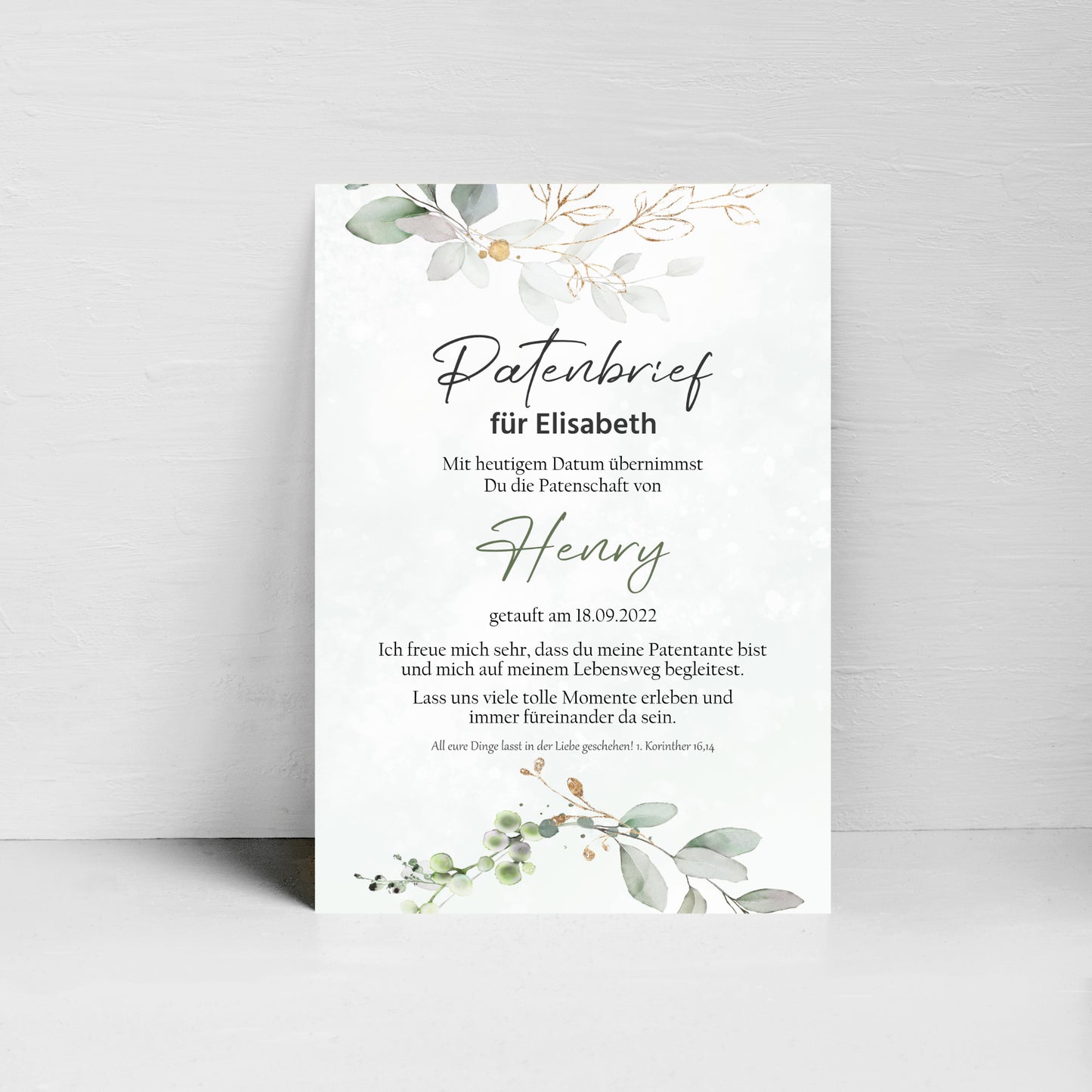 Patenbrief für Patentante Patenonkel Poster Geschenk zur Taufe personalisiert Eukalyptus Taufgeschenk Taufbrief Gold