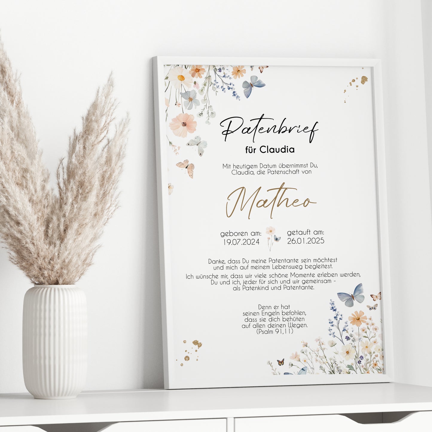 Patenbrief für Patentante Patenonkel Geschenk zur Taufe Poster personalisiert Wildblumen Taufgeschenk Taufbrief