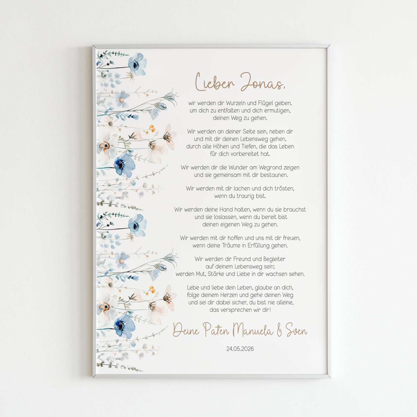Patenbrief Taufe Patenkind blaue Wildblumen Taufgeschenk personalisiert Taufbrief