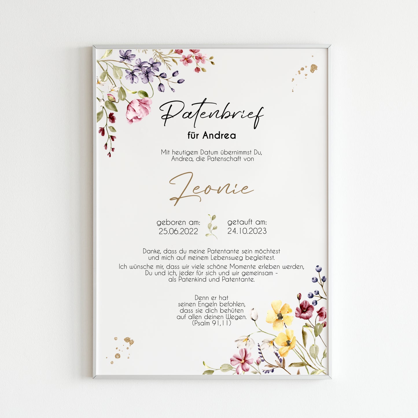 Patenbrief für Patentante Patenonkel personalisiert Taufe Wildblumen