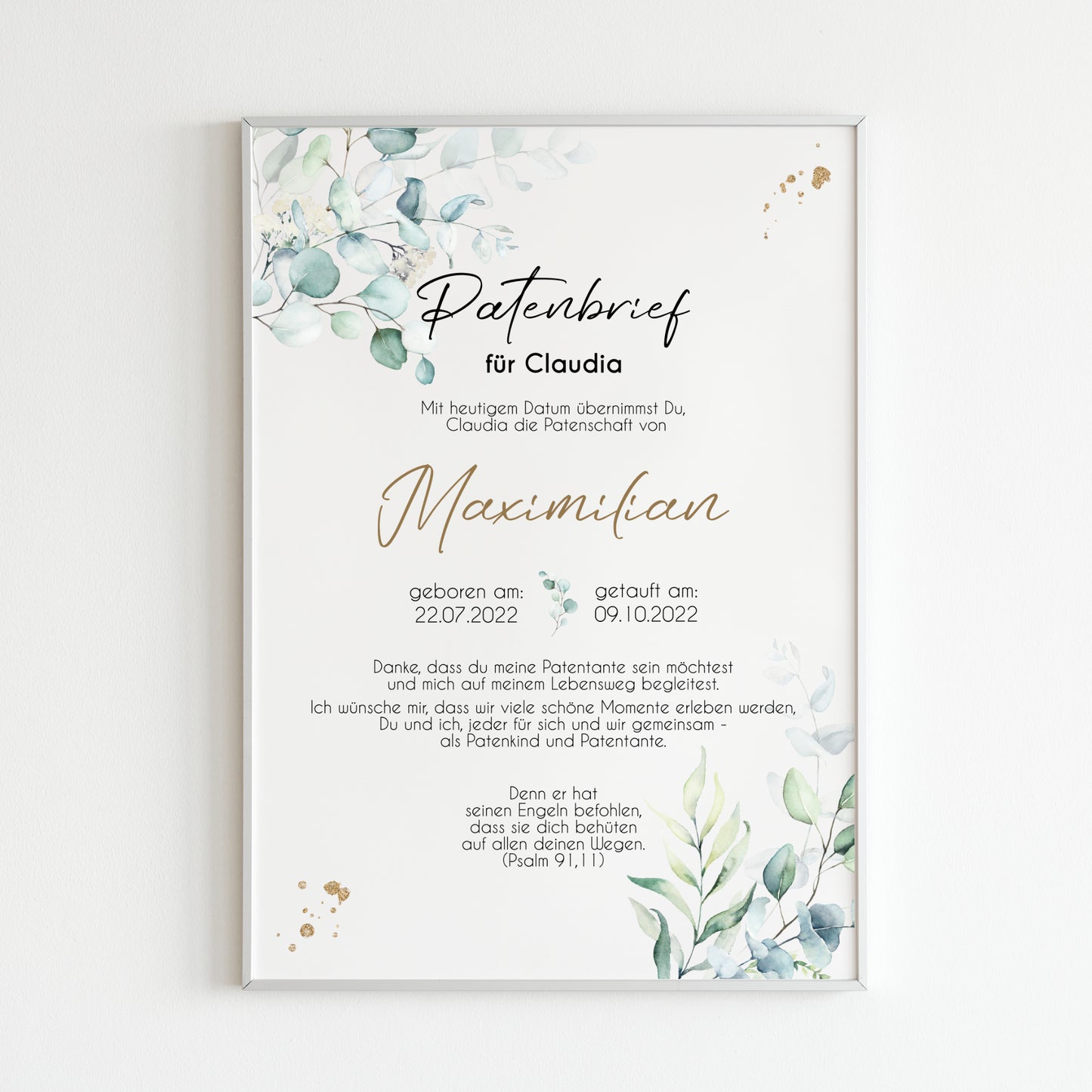 Patenbrief für Patentante Patenonkel personalisiert Taufe Eukalyptus